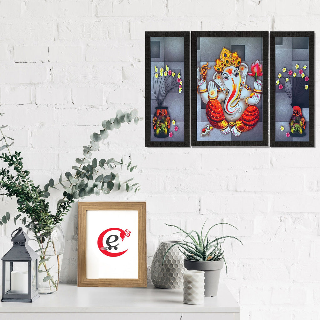Set Of 3 Lord Ganesha and Flora Satin Matt Texture UV Art Painting Kafalo