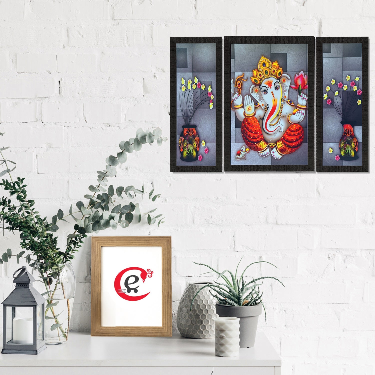 Set Of 3 Lord Ganesha and Flora Satin Matt Texture UV Art Painting Kafalo