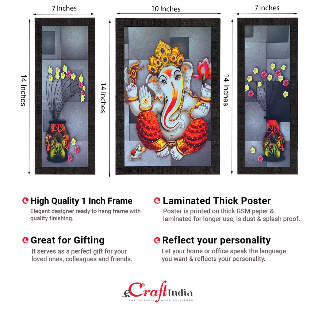 Set Of 3 Lord Ganesha and Flora Satin Matt Texture UV Art Painting Kafalo