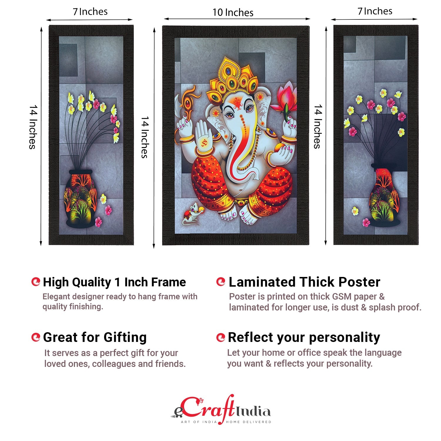 Set Of 3 Lord Ganesha and Flora Satin Matt Texture UV Art Painting Kafalo
