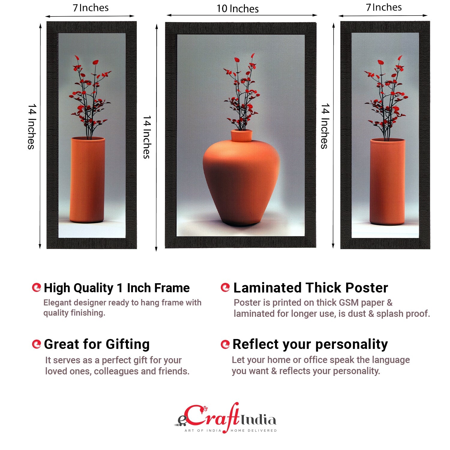 Set Of 3 Flowers and Vase Satin Matt Texture UV Art Painting Kafalo