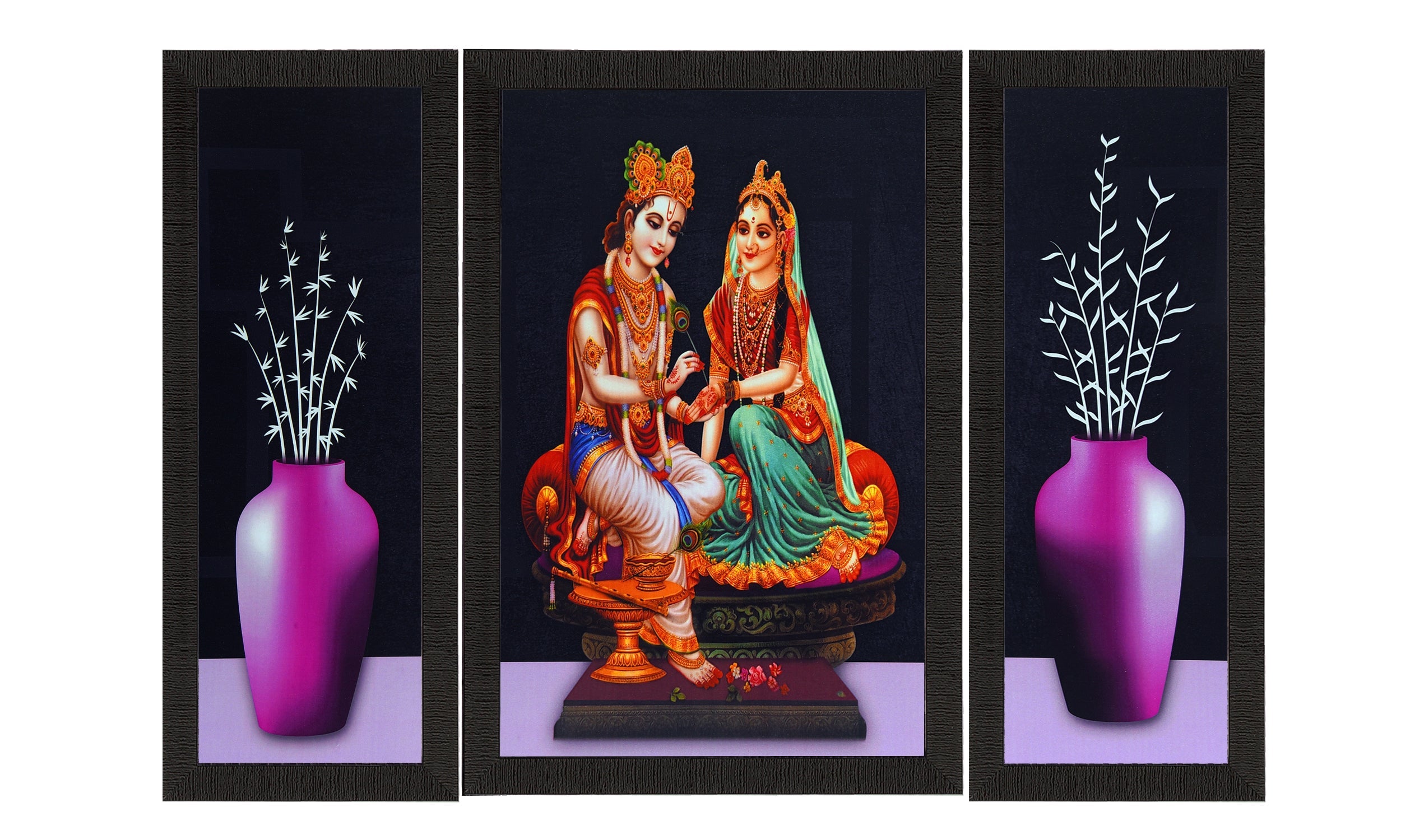 Set Of 3 Lord Krishna Radha and Flowers Satin Matt Texture UV Art Painting Kafalo