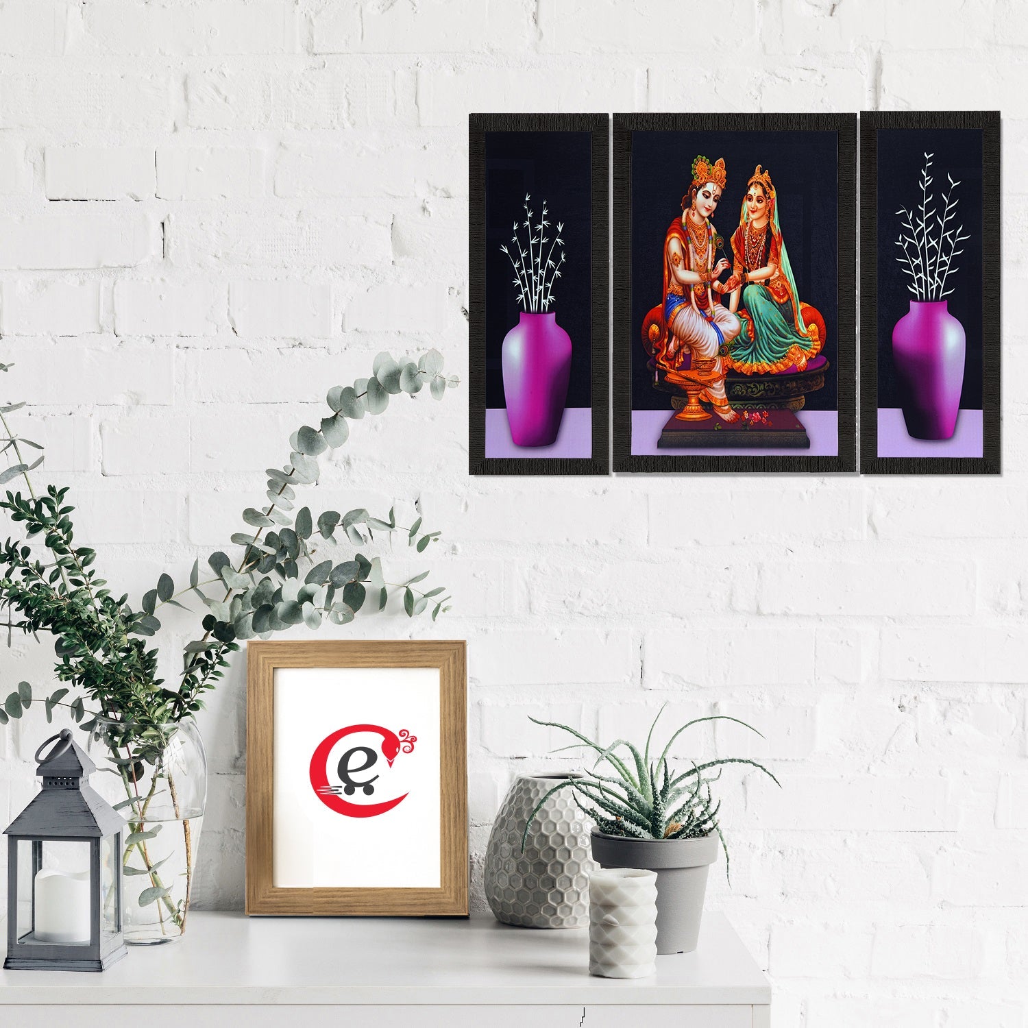 Set Of 3 Lord Krishna Radha and Flowers Satin Matt Texture UV Art Painting Kafalo