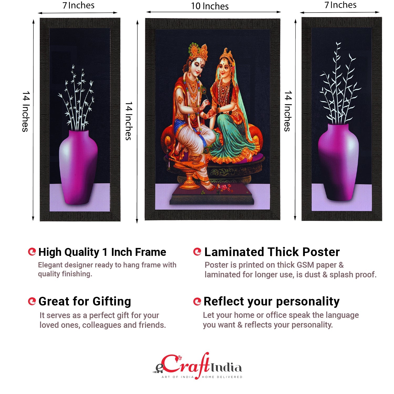 Set Of 3 Lord Krishna Radha and Flowers Satin Matt Texture UV Art Painting Kafalo