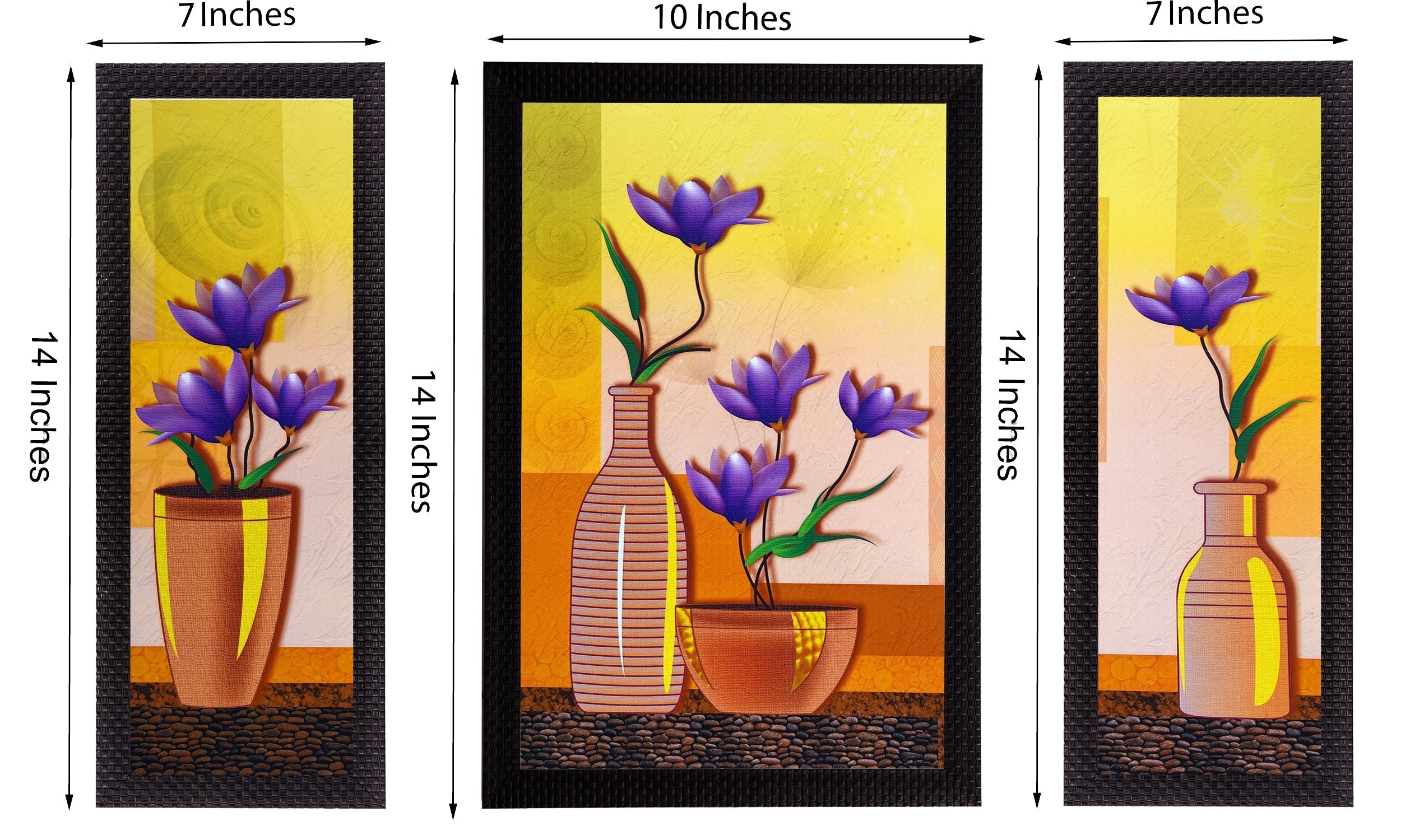 Set Of 3 Botanical Floral and Vase Satin Matt Texture UV Art Painting Kafalo