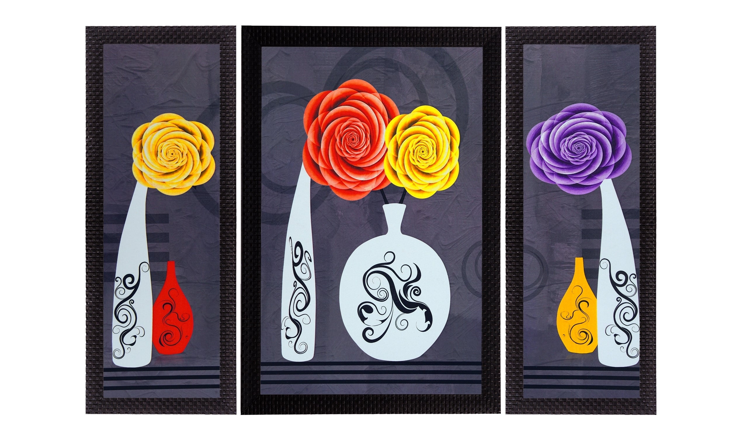 Set Of 3 Vase With Flower Satin Matt Texture UV Art Painting Kafalo