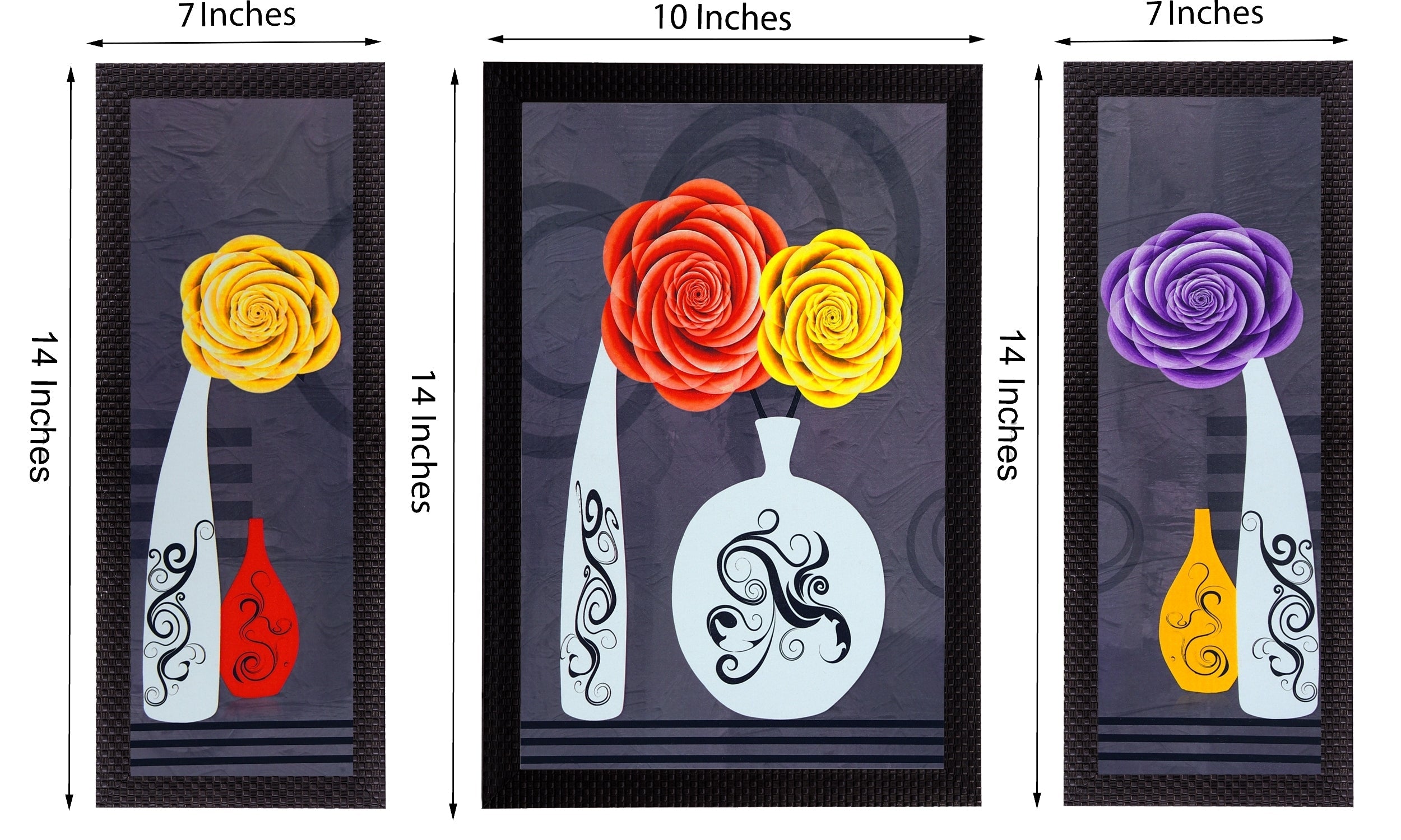 Set Of 3 Vase With Flower Satin Matt Texture UV Art Painting Kafalo