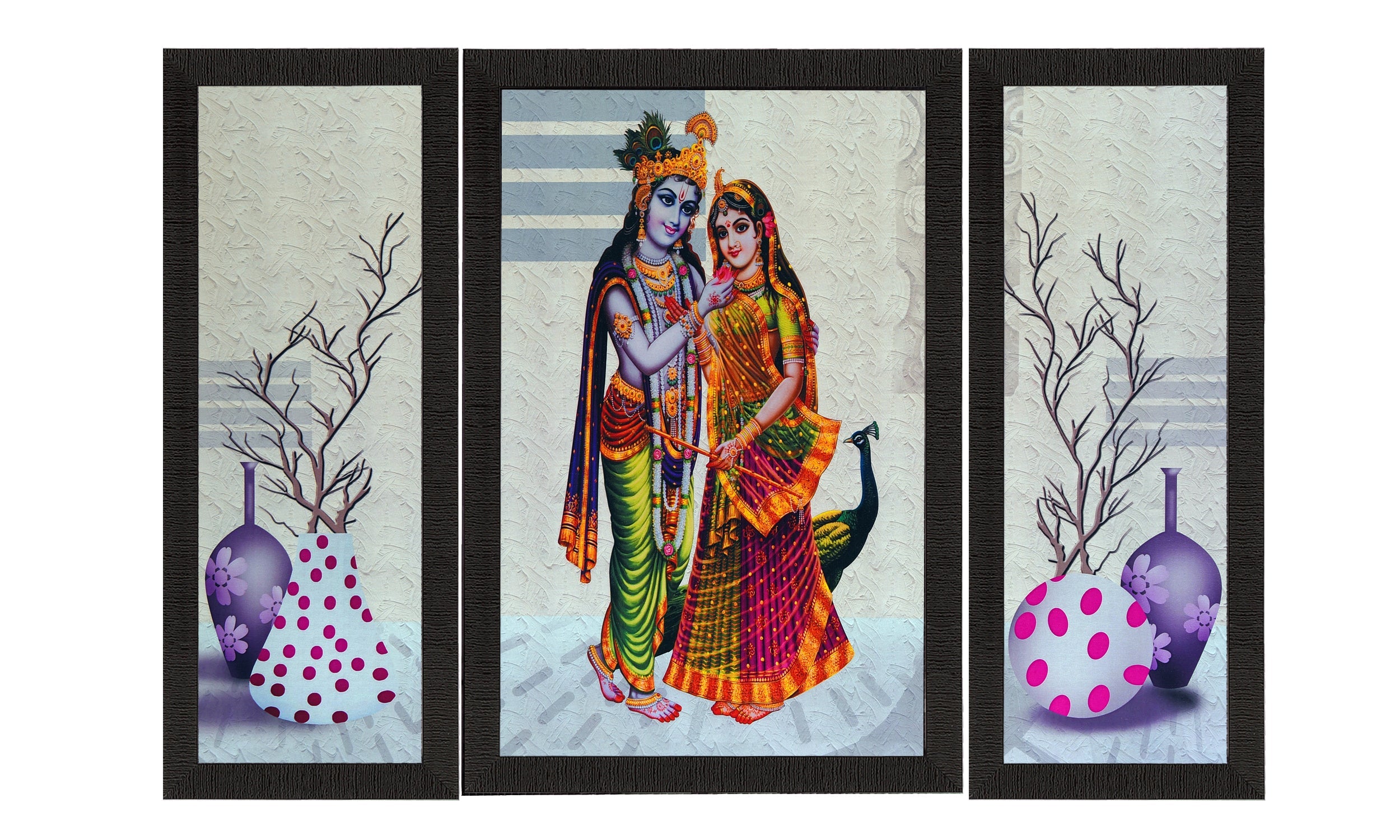 Set of 3 Floral and Radha Krishna Satin Matt Texture UV Art Painting Kafalo