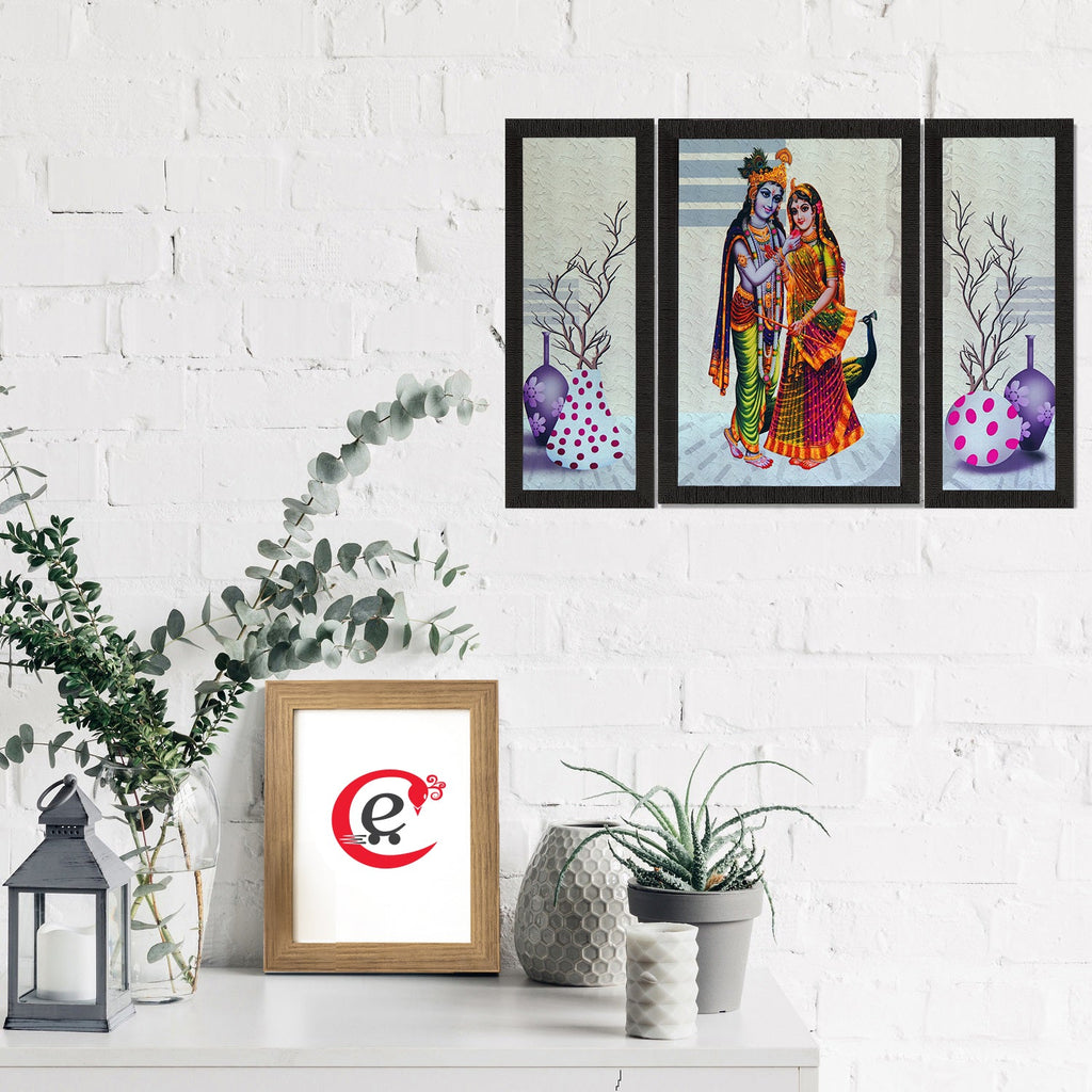 Set of 3 Floral and Radha Krishna Satin Matt Texture UV Art Painting Kafalo