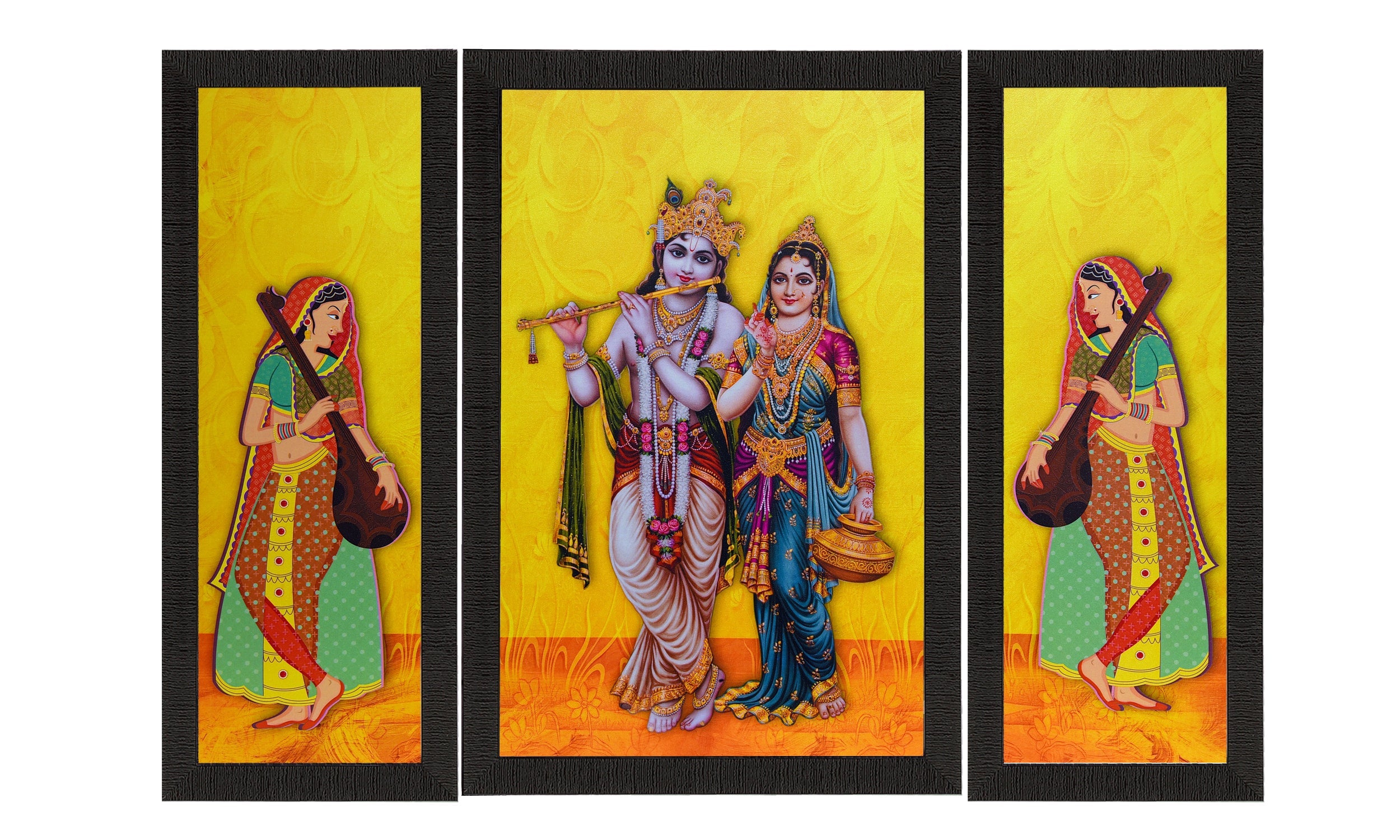 Set Of 3 Lord Krishna With Radha Satin Matt Texture UV Art Painting Kafalo