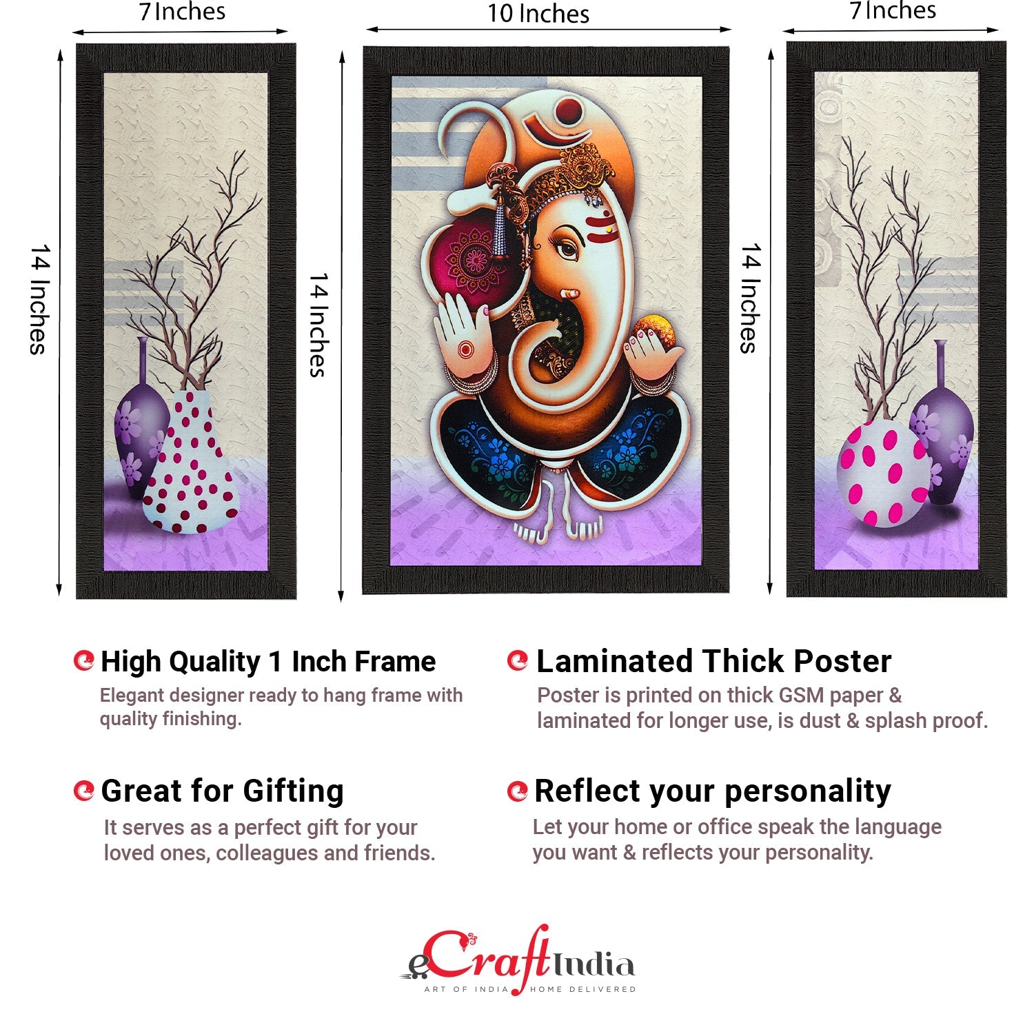 Set Of 3 Ganesha Satin Matt Texture UV Art Painting Kafalo