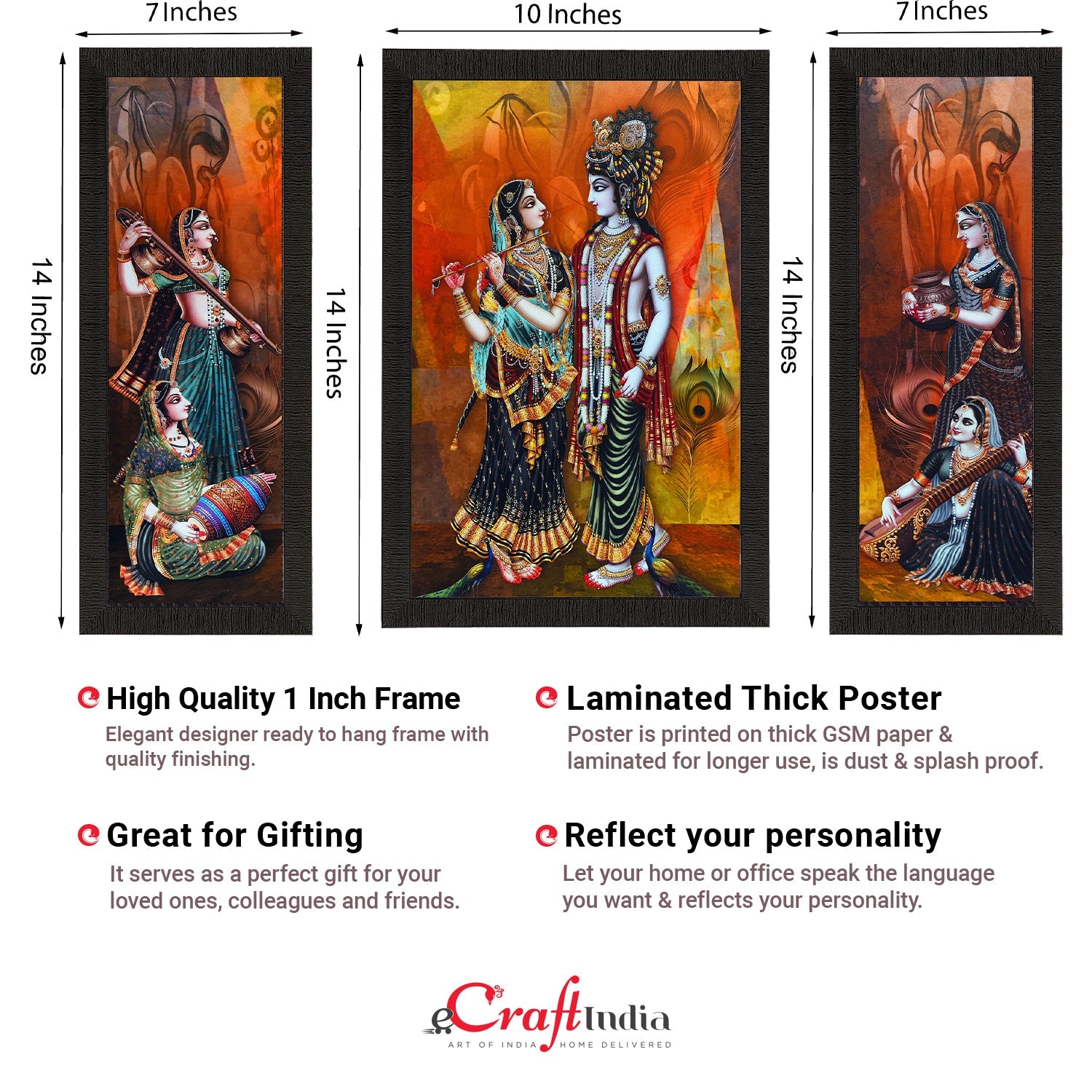 Set Of 3 Musical Radha With Krishna Satin Matt Texture UV Art Painting Kafalo