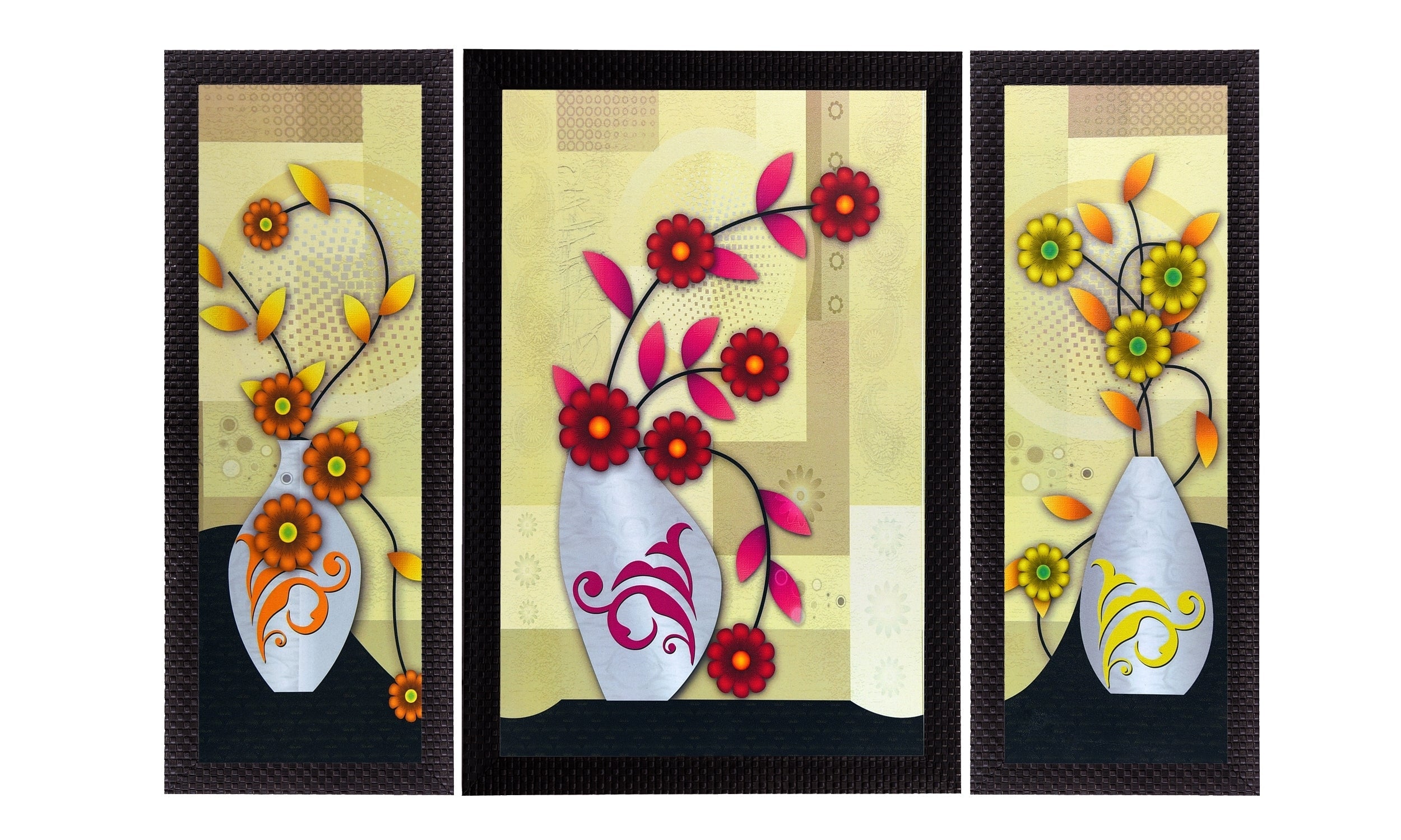 Set Of 3 Geometrical Floral Satin Matt Texture UV Art Painting Kafalo