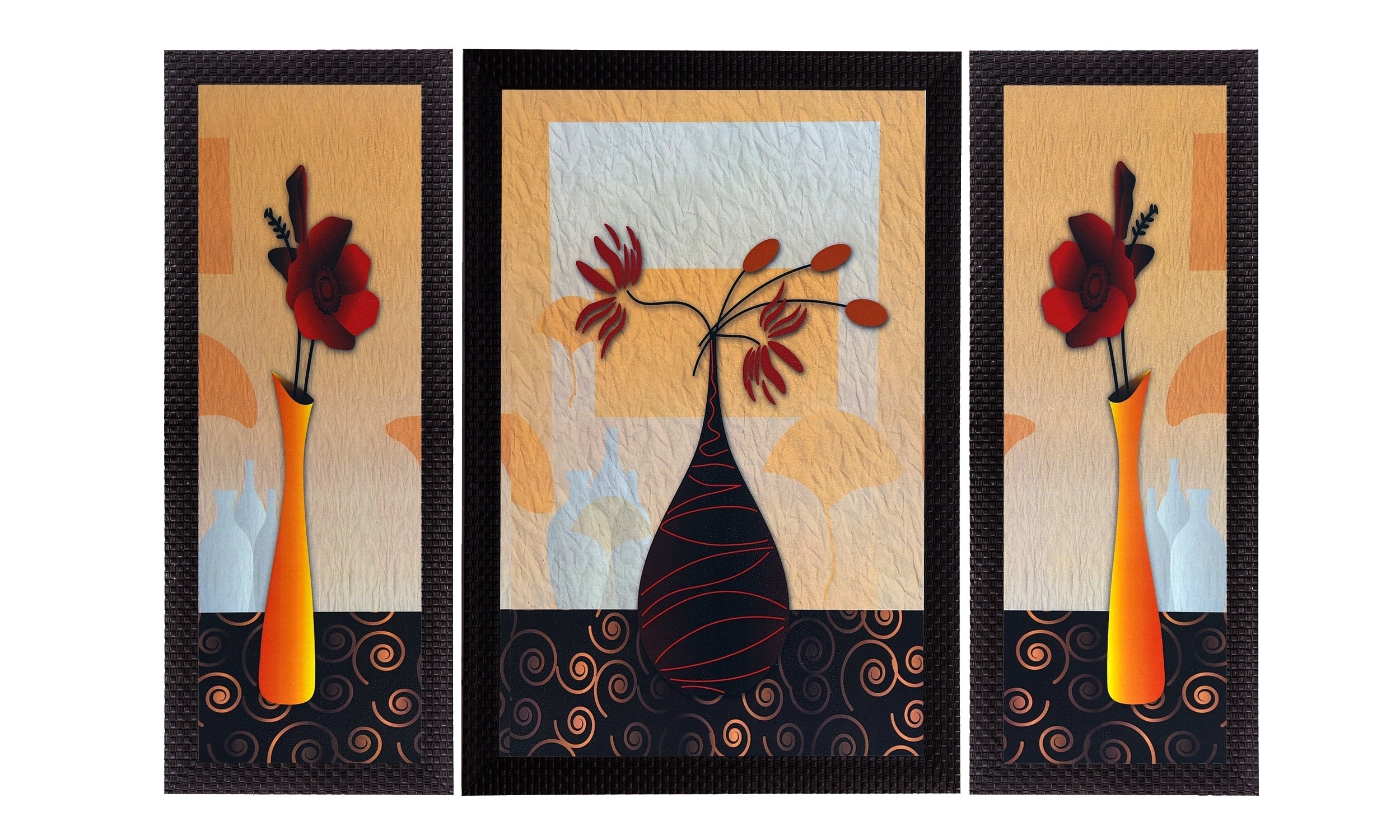 Set Of 3 Geometrical Flora Satin Matt Texture UV Art Painting Kafalo