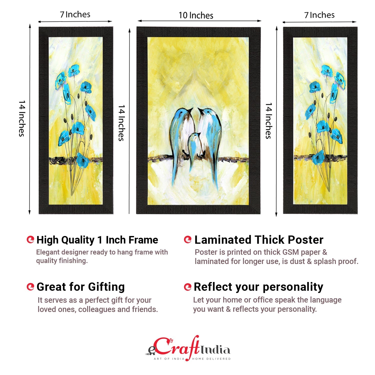 Set of 3 Flying Birds Satin Matt Texture UV Art Painting Kafalo