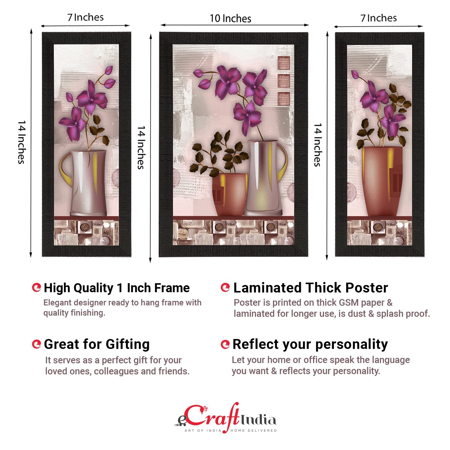 Set Of 3 Botanical Floral Satin Matt Texture UV Art Painting Kafalo