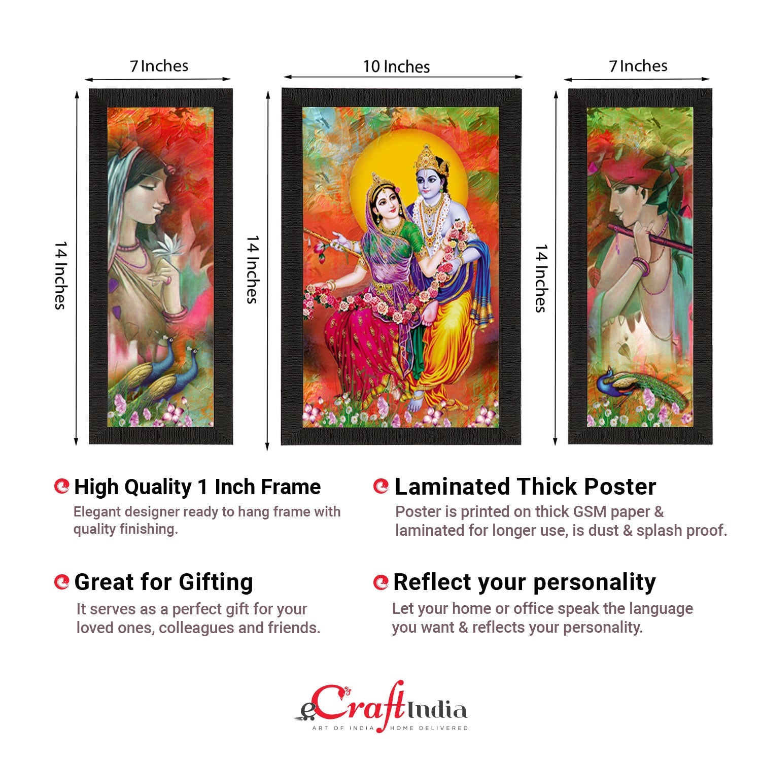 Set Of 3 Radha Krishna Satin Matt Texture UV Art Painting Kafalo