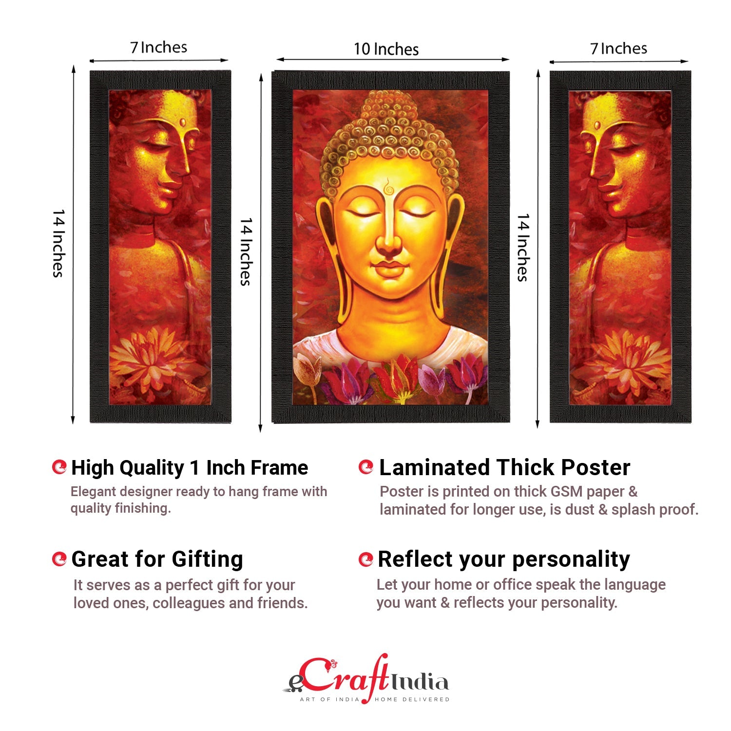 Set Of 3 Lord Buddha Satin Matt Texture UV Art Painting Kafalo