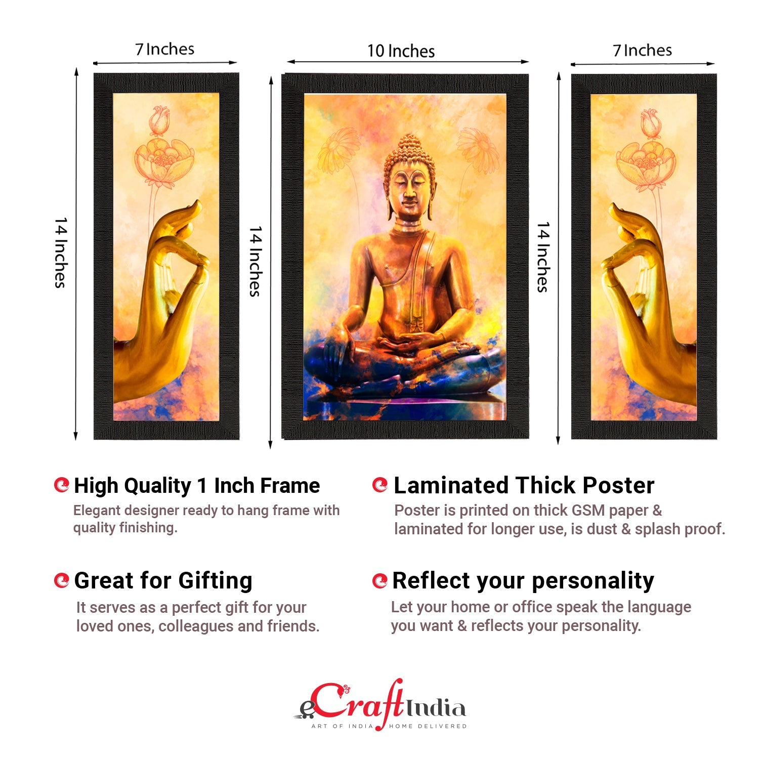Set Of 3 Lord Buddha Satin Matt Texture UV Art Painting Kafalo