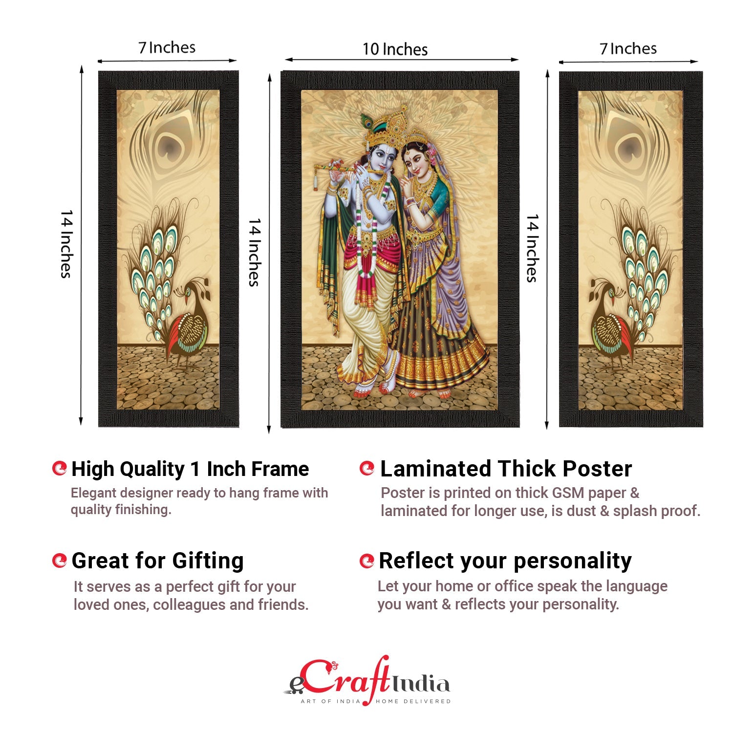 Set Of 3 Radha Krishna Satin Matt Texture UV Art Painting Kafalo