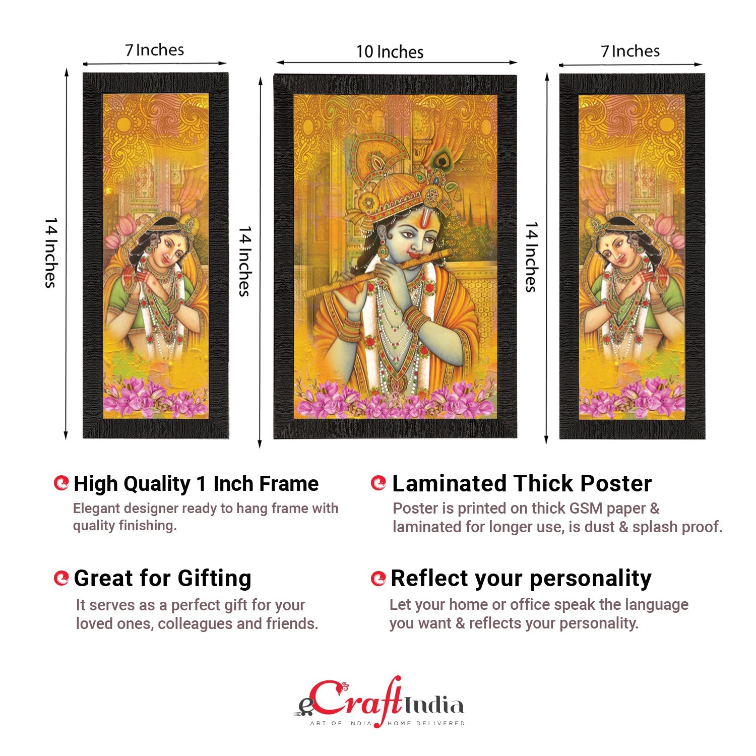 Set Of 3 Radha Krishna Satin Matt Texture UV Art Painting Kafalo