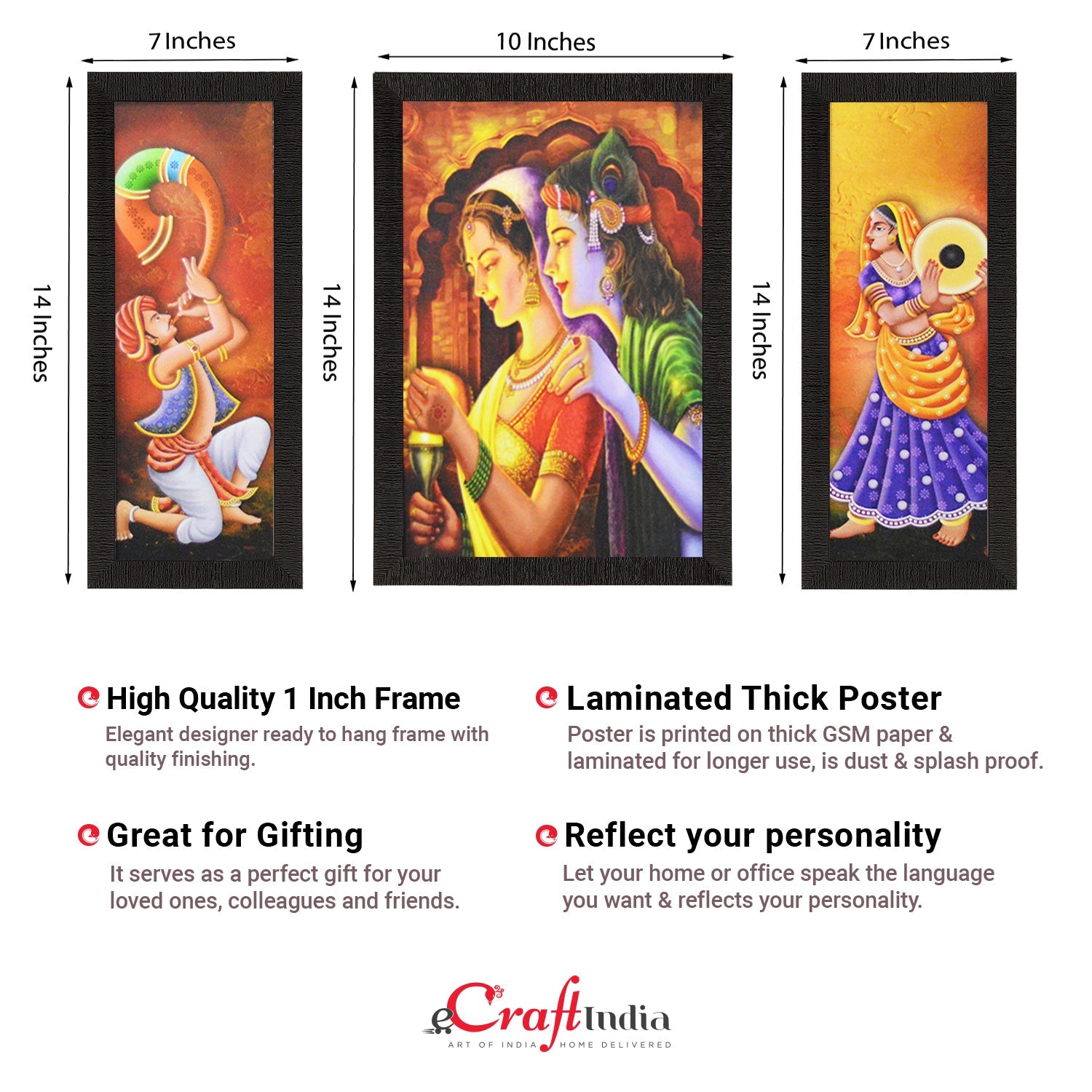 Set Of 3 Radha Krishna Satin Matt Texture UV Art Painting Kafalo