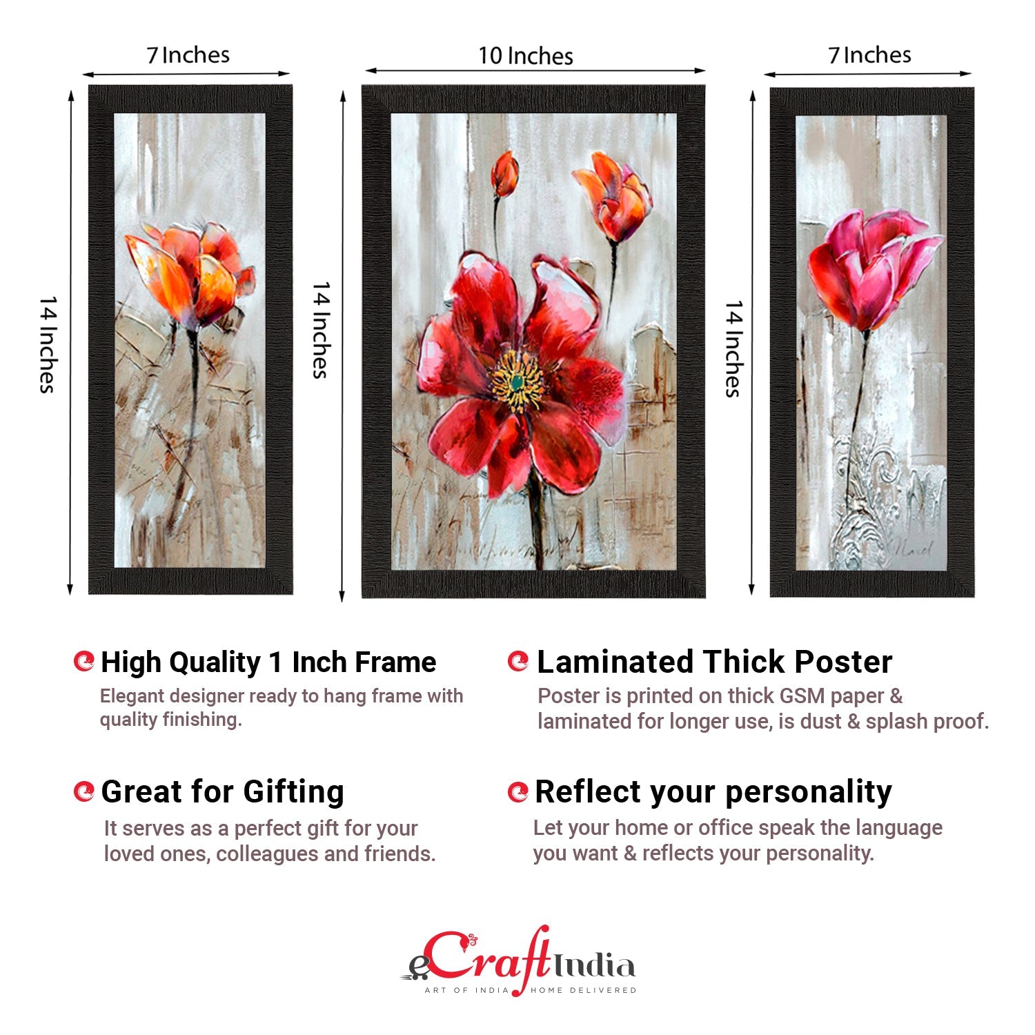 Set of 3 Floral Theme Satin Matt Texture UV Art Painting Kafalo