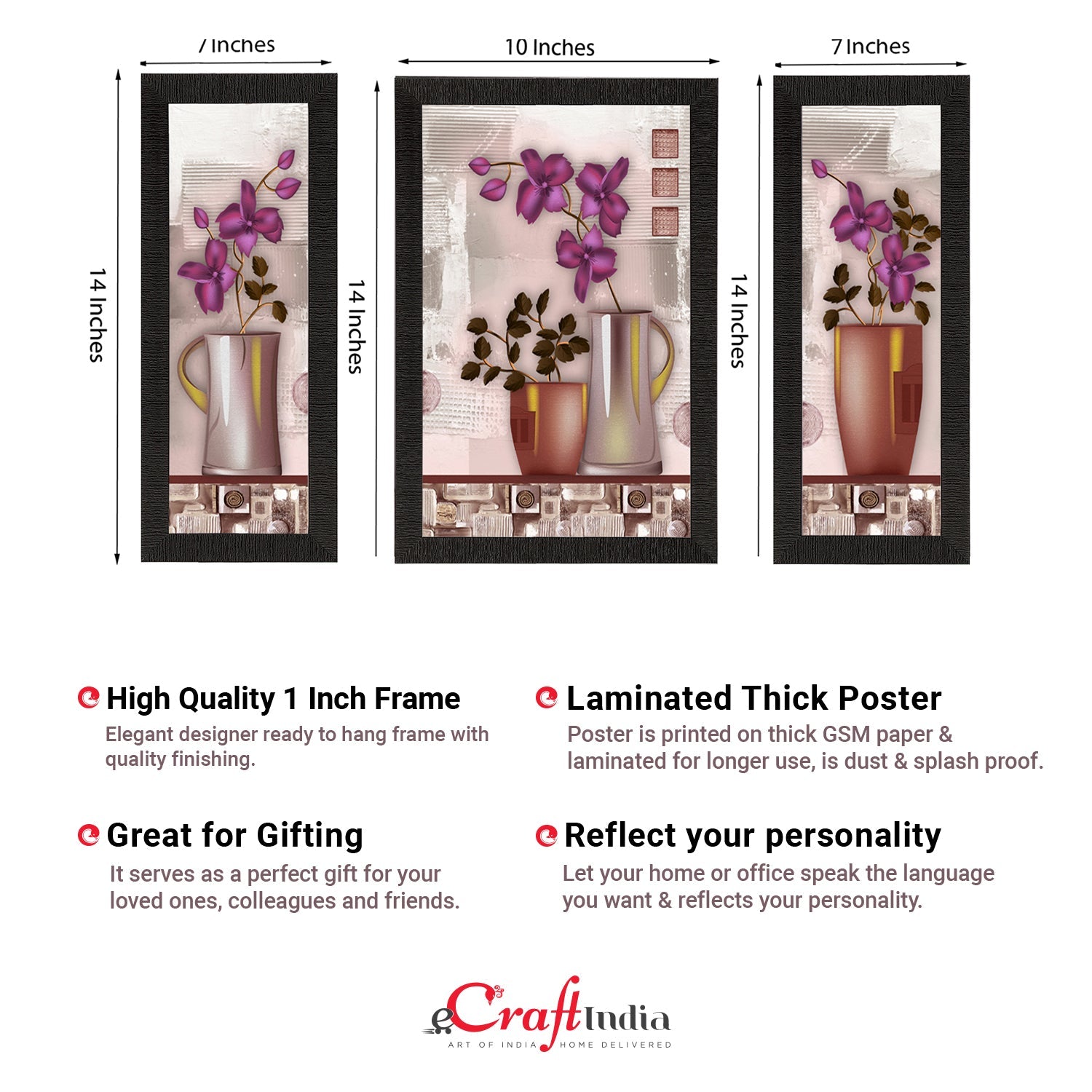 Set of 3 Botanical Floral Satin Matt Texture UV Art Painting Kafalo