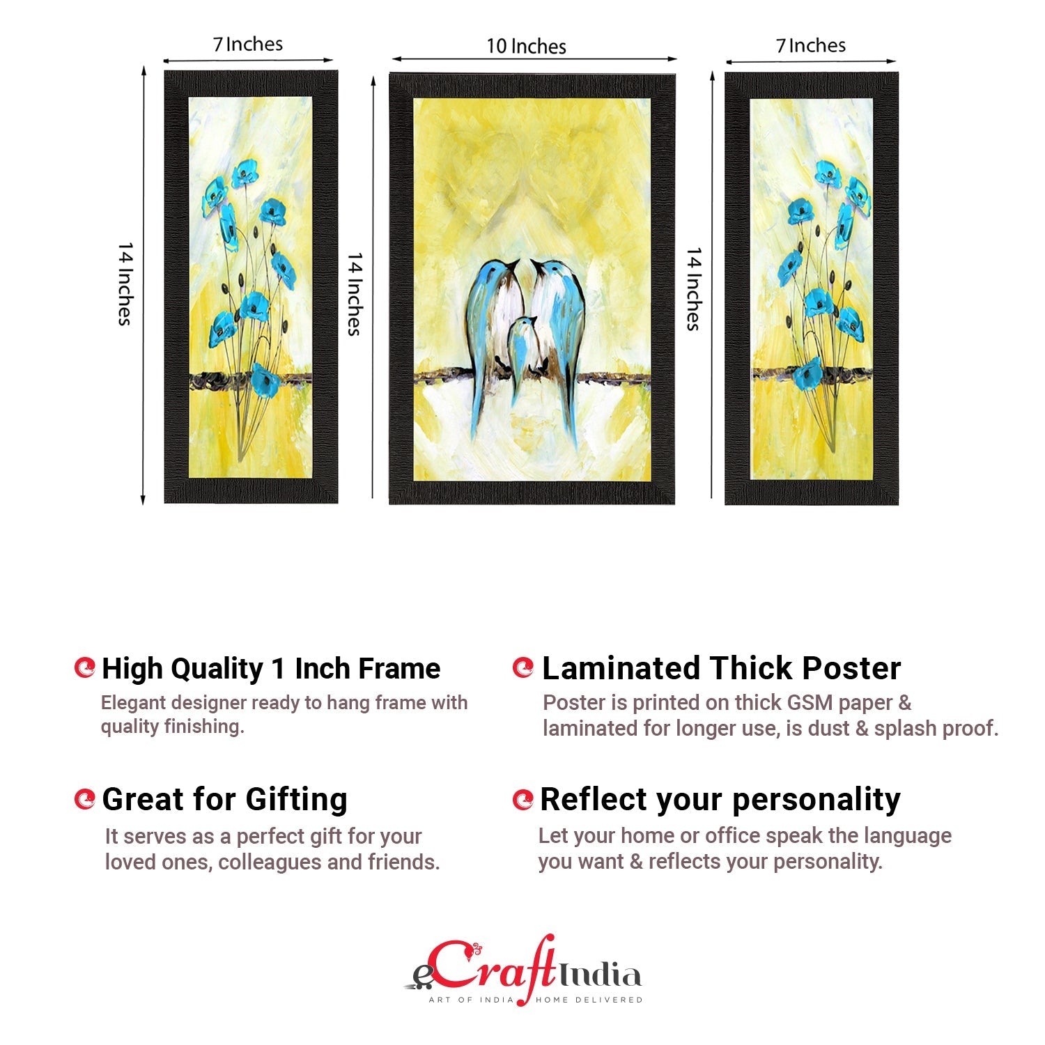 Set of 3 Sitting Birds Satin Matt Texture UV Art Painting Kafalo