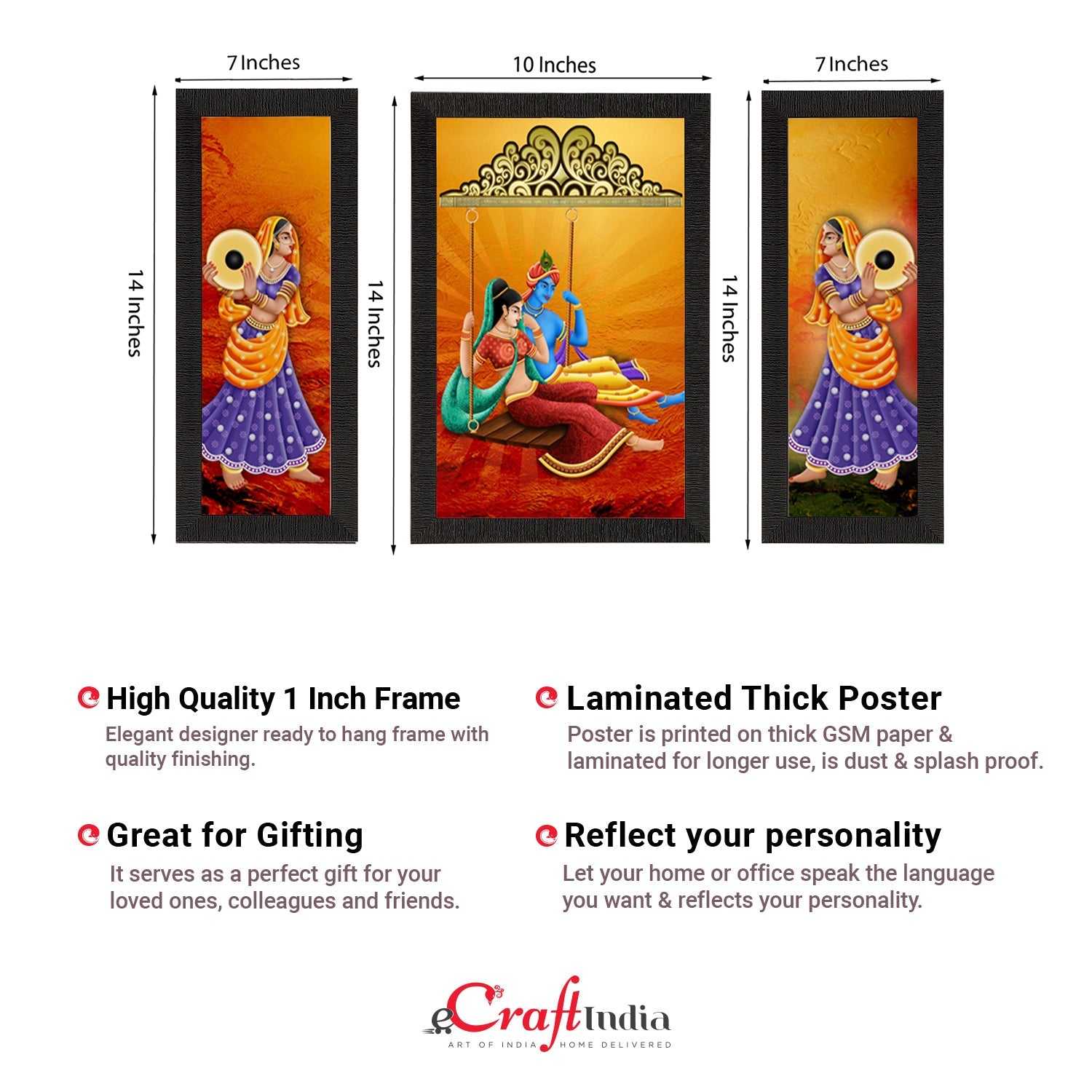 Set of 3 Radha Krishna Satin Matt Texture UV Art Painting Kafalo