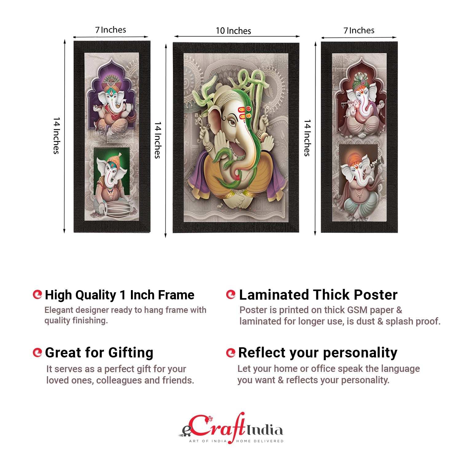 Set of 3 Lord Ganesha Satin Matt Texture UV Art Painting Kafalo