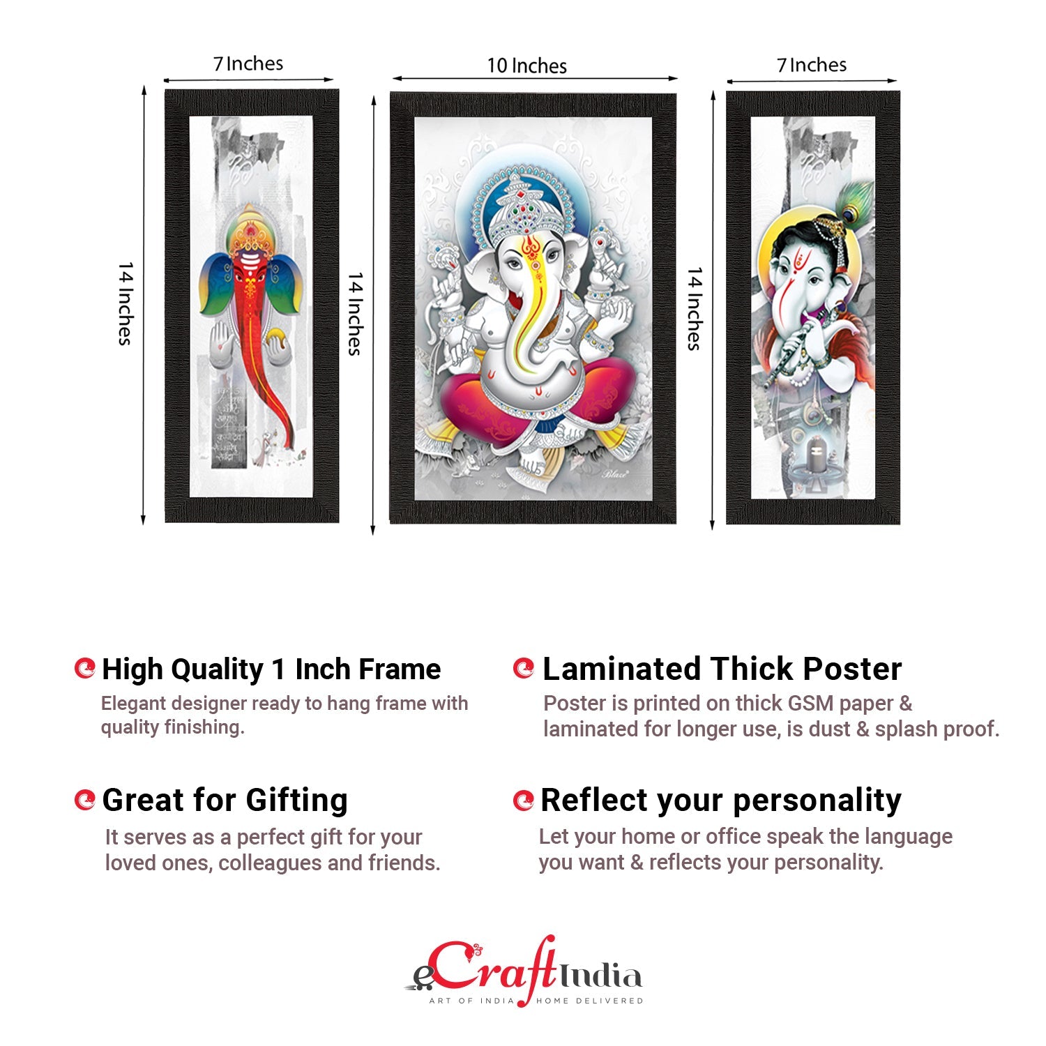 Set of 3 Lord Ganesha Satin Matt Texture UV Art Painting Kafalo