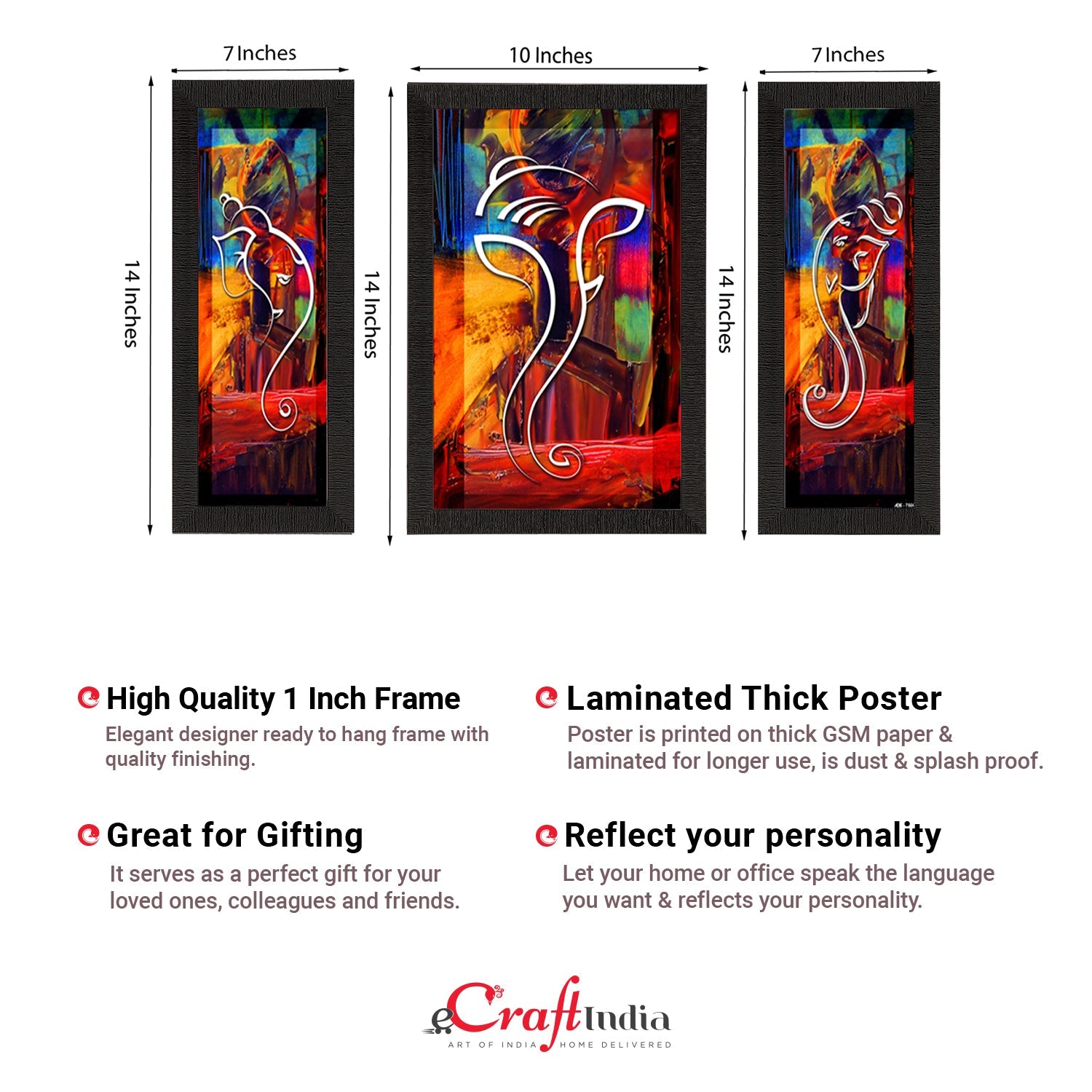 Set of 3 Lord Ganesha Satin Matt Texture UV Art Painting Kafalo