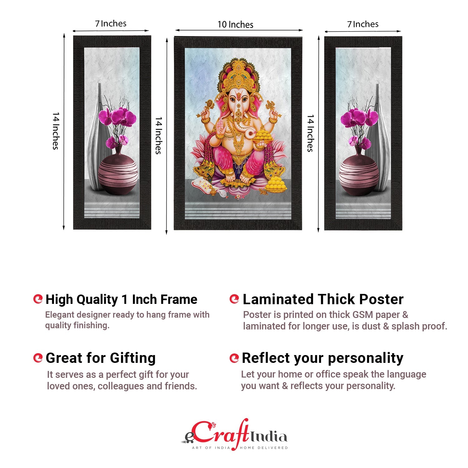 Set of 3 Lord Ganesha Satin Matt Texture UV Art Painting Kafalo