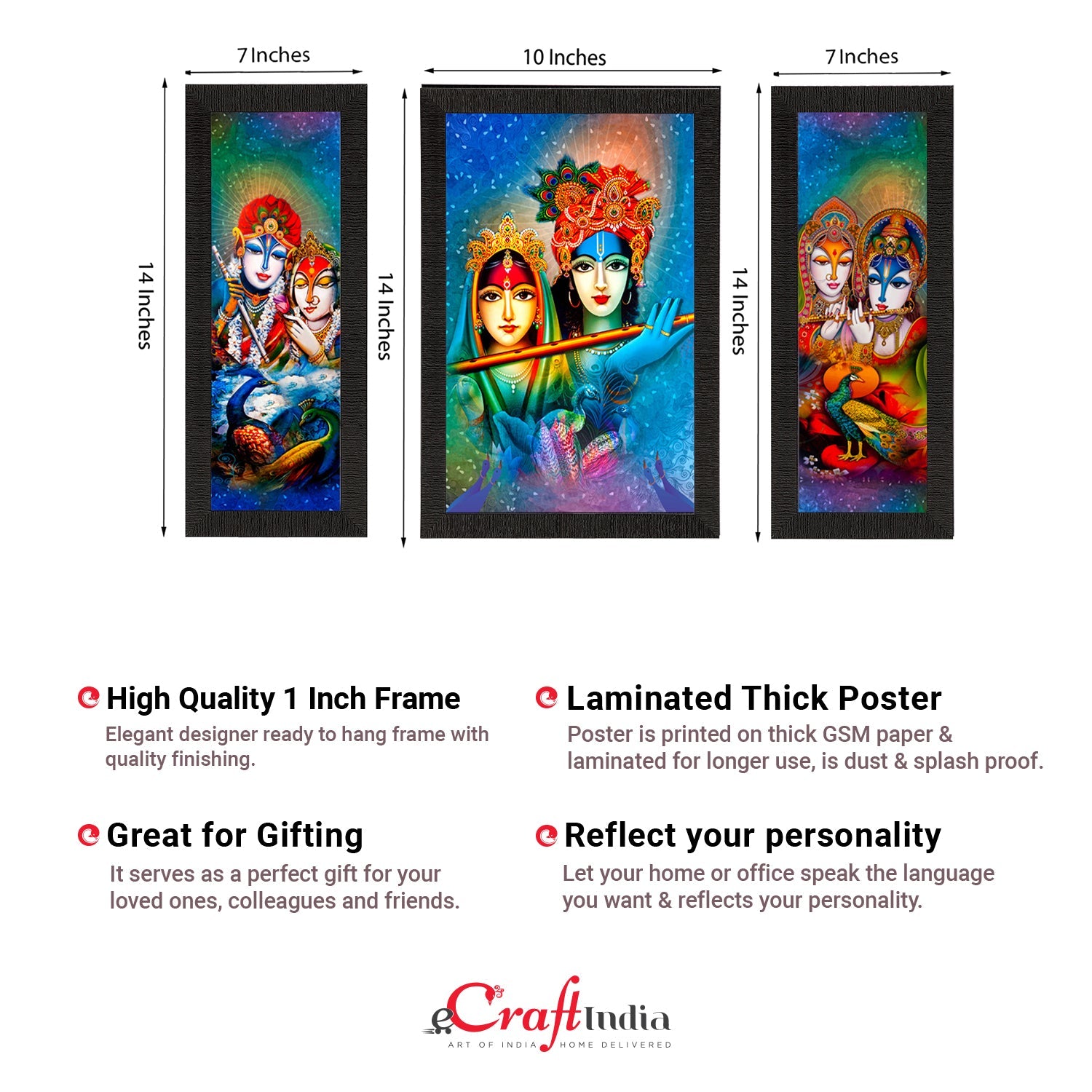 Set of 3 Radha Krishna Satin Matt Texture UV Art Painting Kafalo