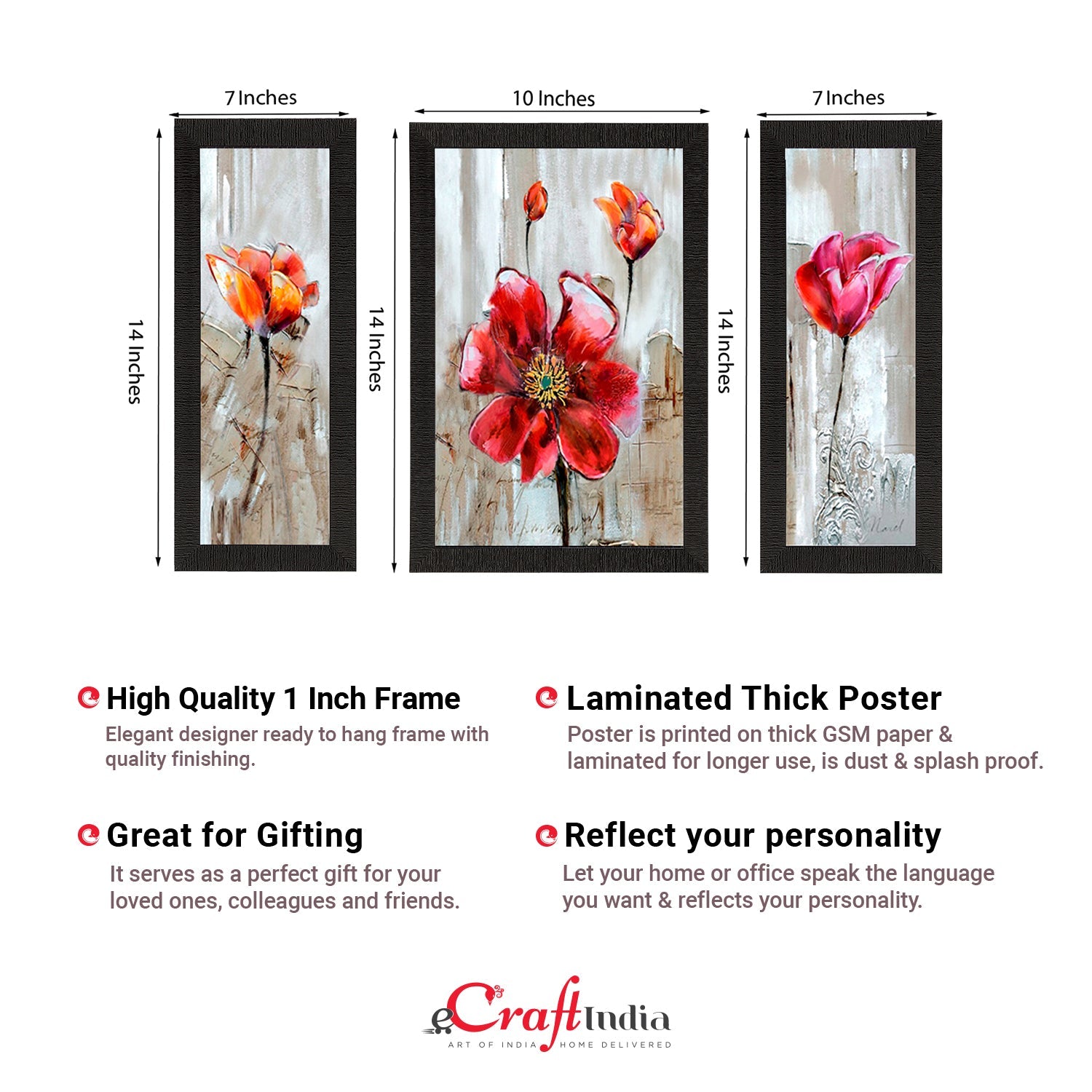 Set of 3 Floral Satin Matt Texture UV Art Painting Kafalo