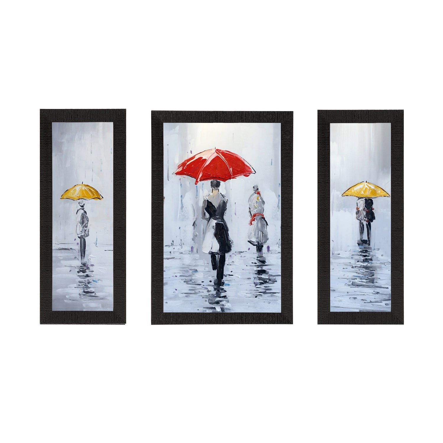 Set of 3 Loving Couple Under Umbrella in rain Satin Matt Texture UV Art Painting Kafalo