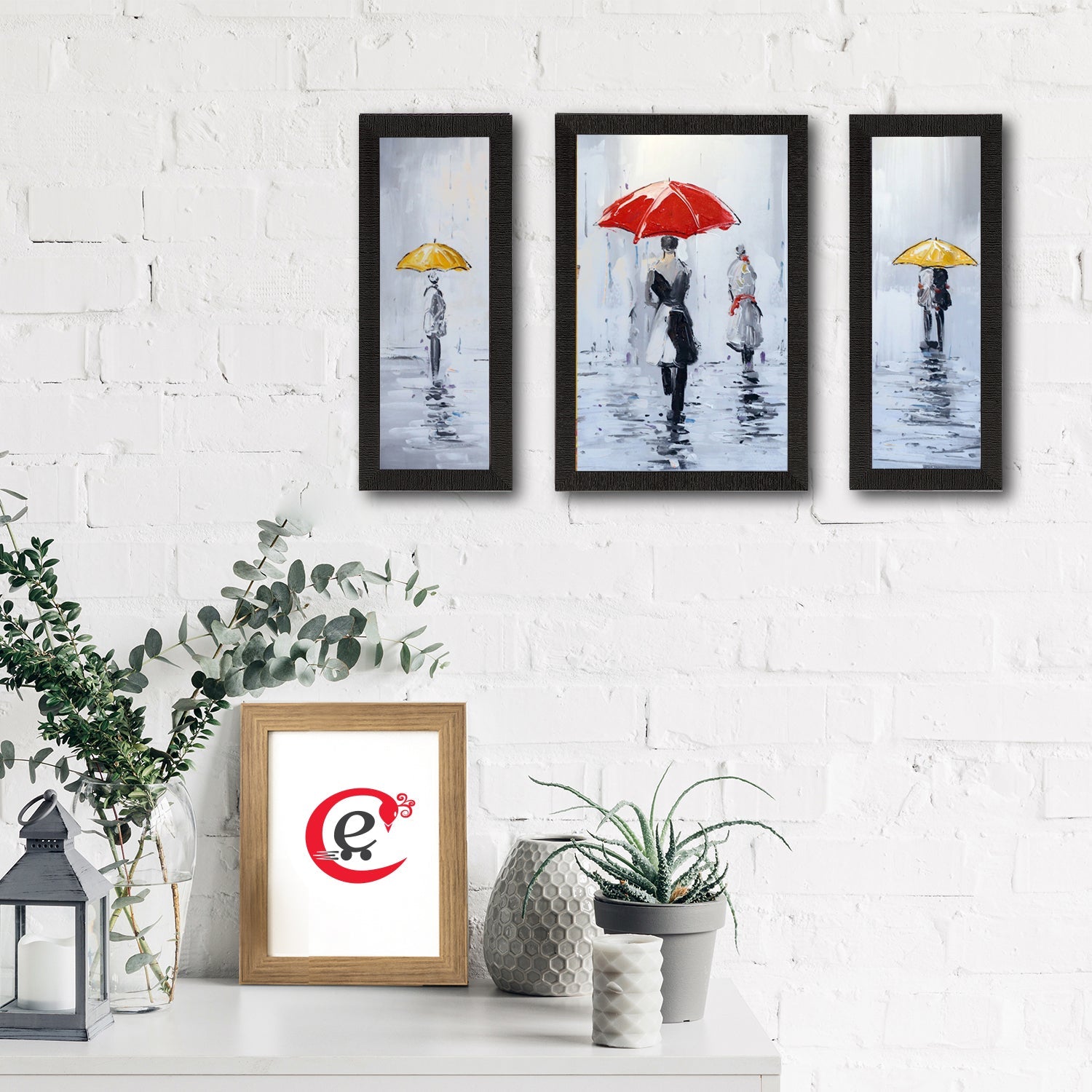Set of 3 Loving Couple Under Umbrella in rain Satin Matt Texture UV Art Painting Kafalo