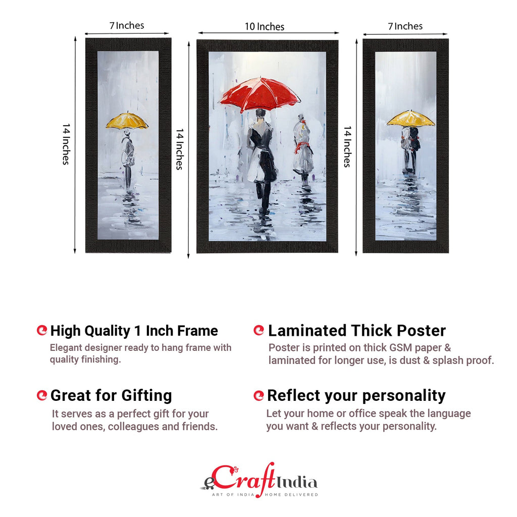 Set of 3 Loving Couple Under Umbrella in rain Satin Matt Texture UV Art Painting Kafalo