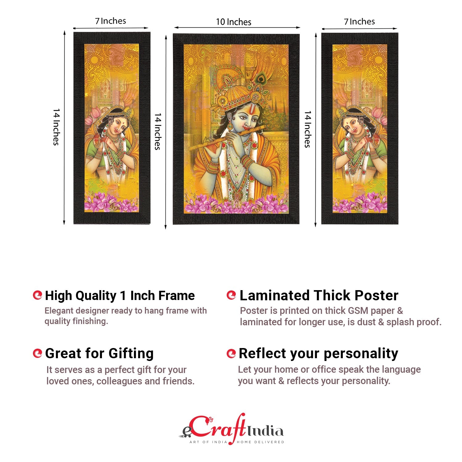 Set of 3 Radha Krishna Satin Matt Texture UV Art Painting Kafalo