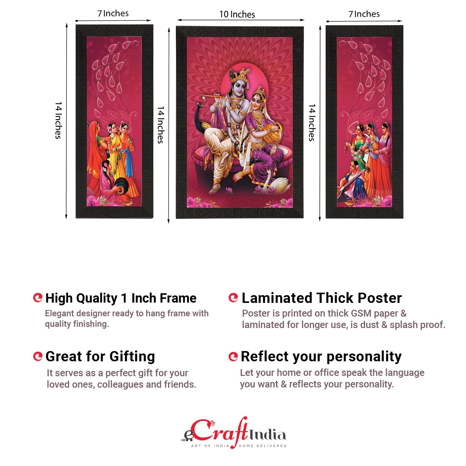 Set of 3 Radha Krishna Satin Matt Texture UV Art Painting Kafalo