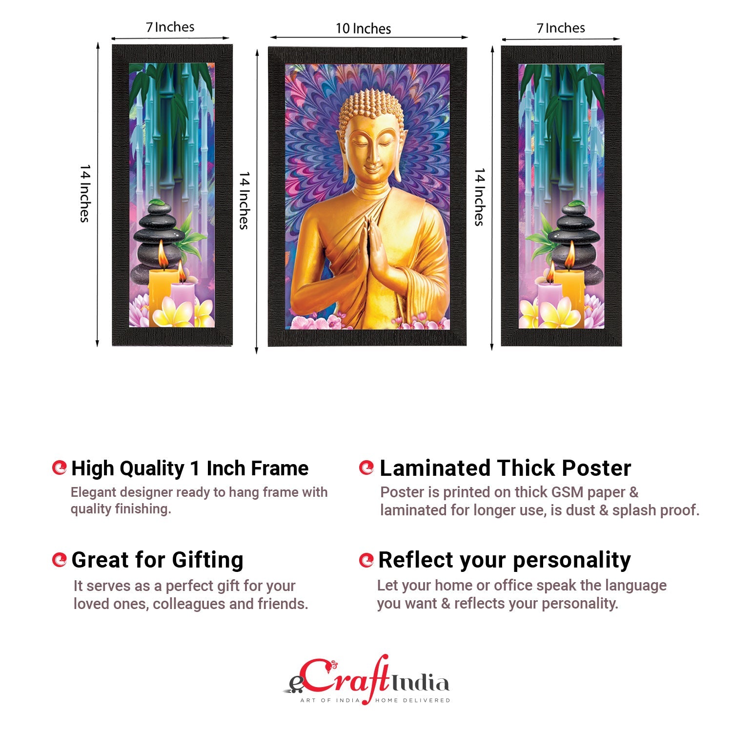 Set of 3 Lord Buddha Satin Matt Texture UV Art Painting Kafalo
