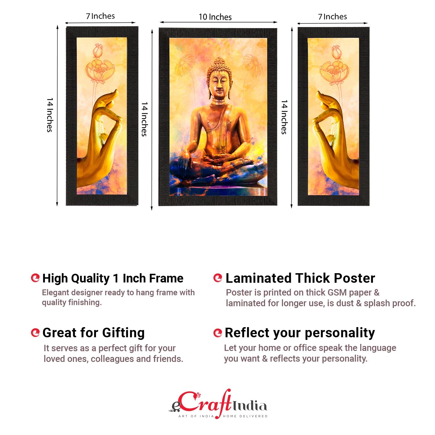 Set of 3 Lord Buddha Satin Matt Texture UV Art Painting Kafalo