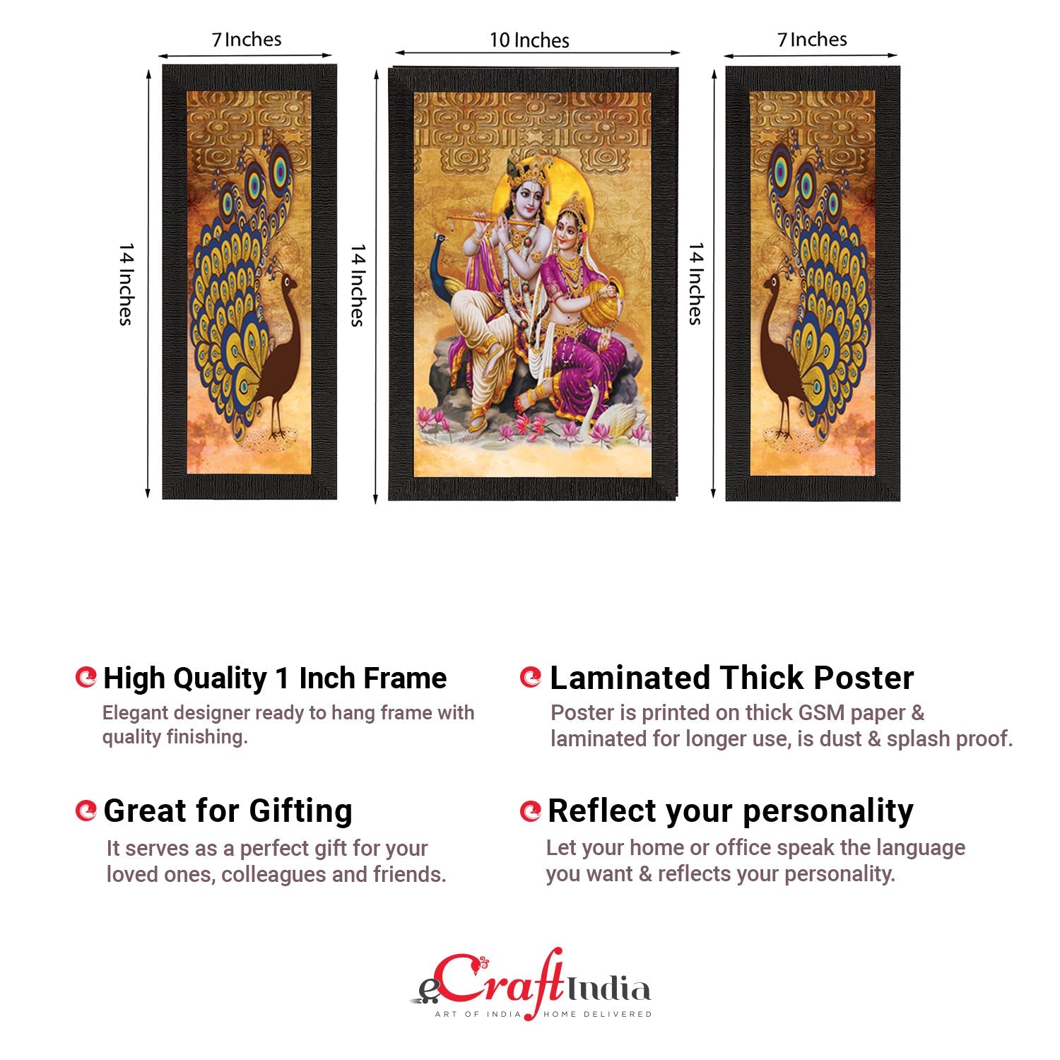 Set of 3 Radha Krishna Satin Matt Texture UV Art Painting Kafalo