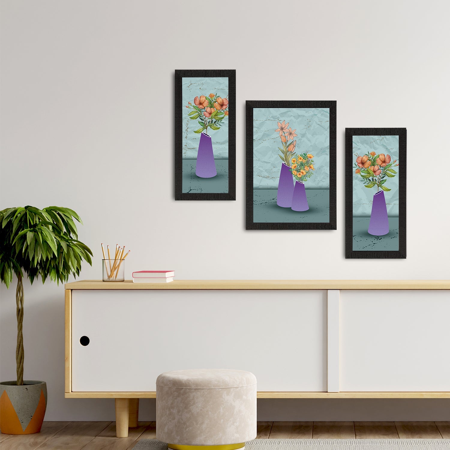 Set of 3 Botanical and Floral Satin Matt Textured UV Art Painting Kafalo