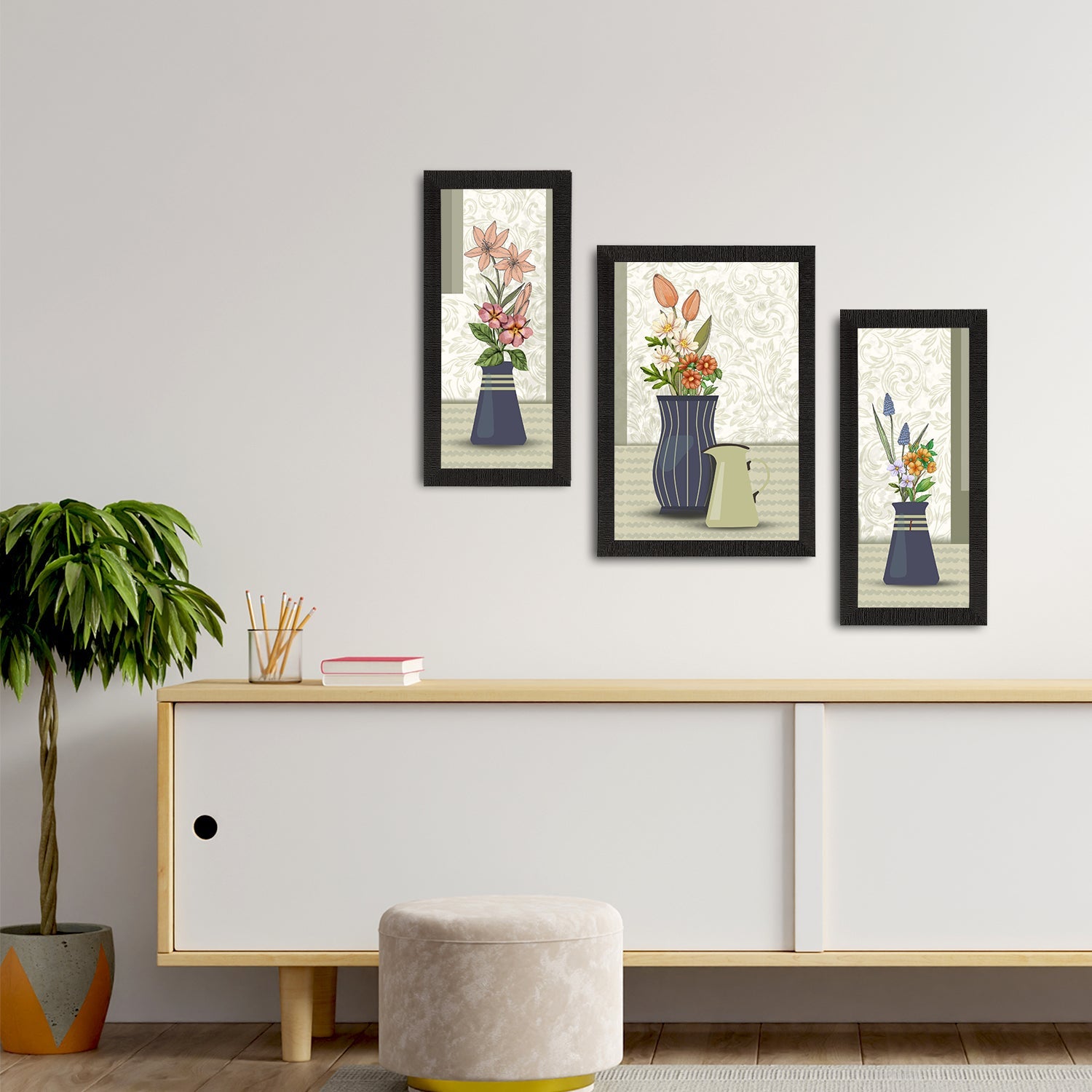 Set of 3 Botanical and Floral Satin Matt Textured UV Art Painting Kafalo