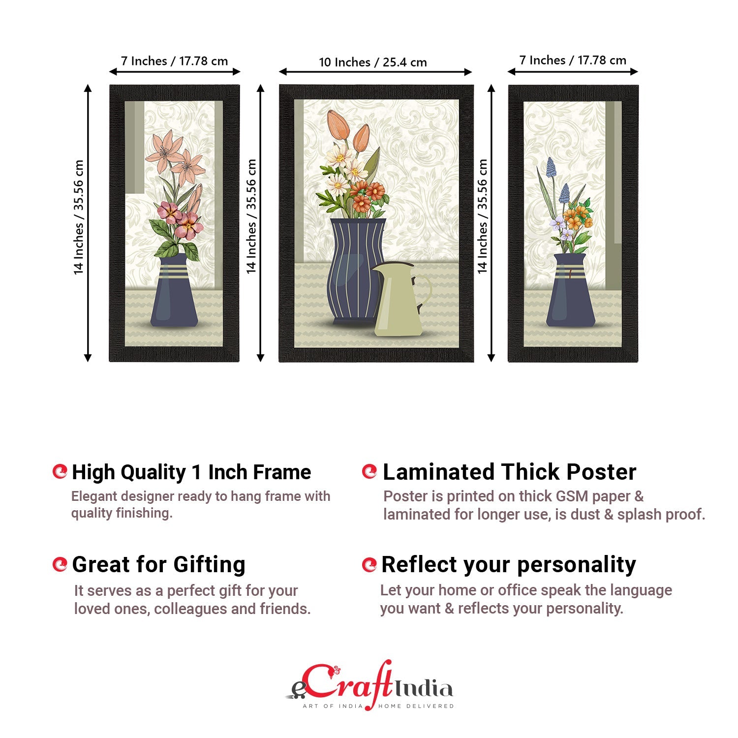 Set of 3 Botanical and Floral Satin Matt Textured UV Art Painting Kafalo