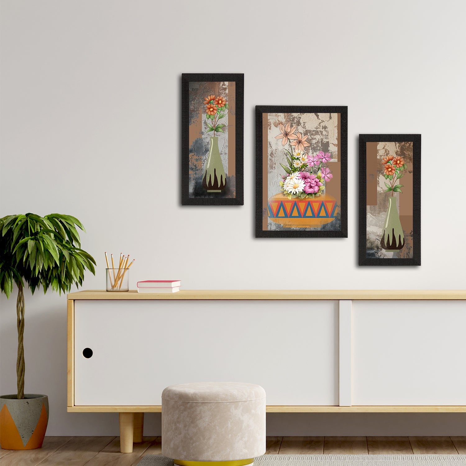 Set of 3 Botanical and Floral Satin Matt Textured UV Art Painting Kafalo