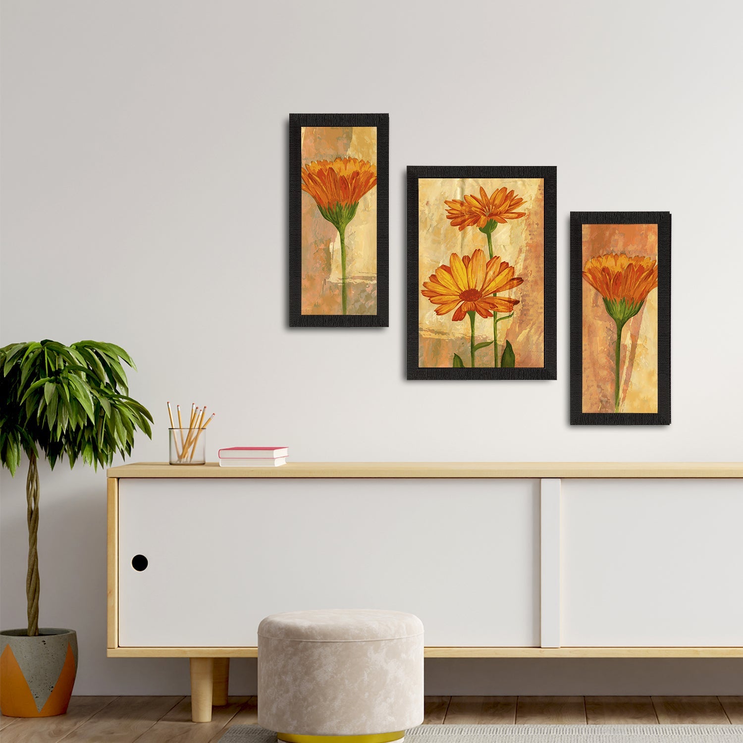 Set of 3 Botanical and Floral Satin Matt Textured UV Art Painting Kafalo