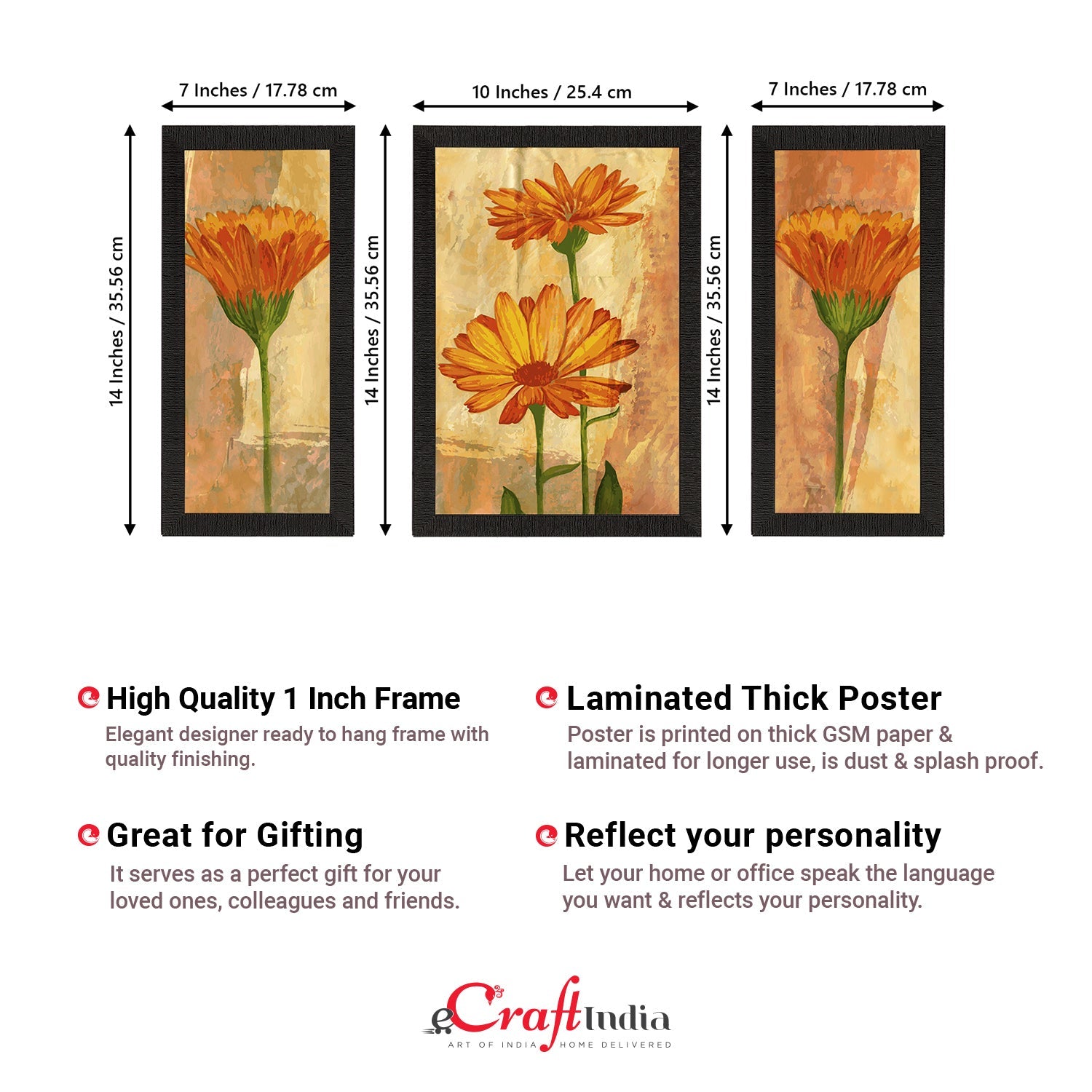 Set of 3 Botanical and Floral Satin Matt Textured UV Art Painting Kafalo